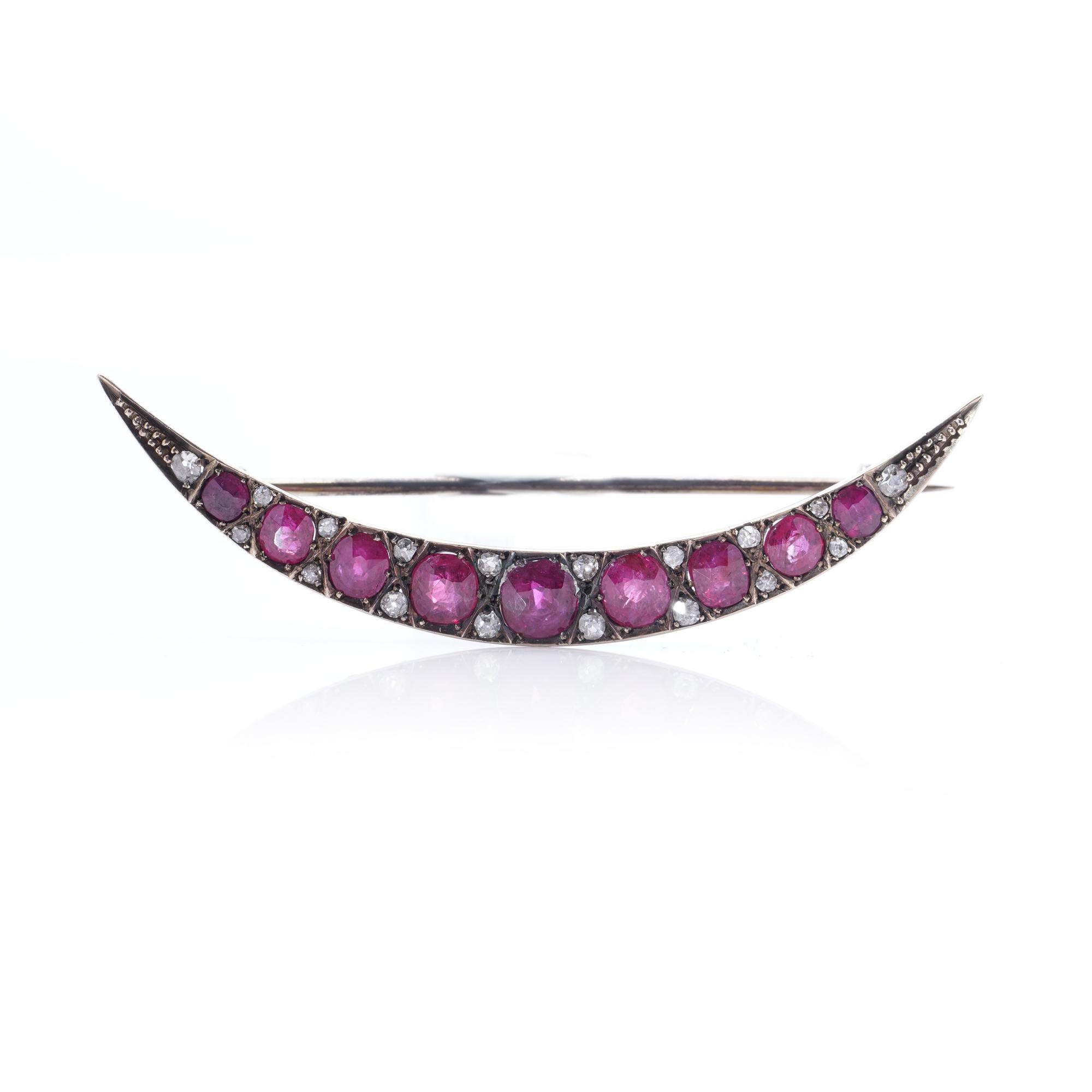 Victorian 9kt Gold ruby and diamond crescent brooch For Sale 2
