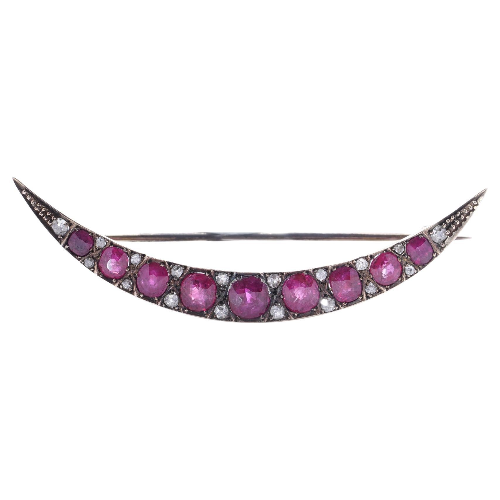 Victorian 9kt Gold ruby and diamond crescent brooch