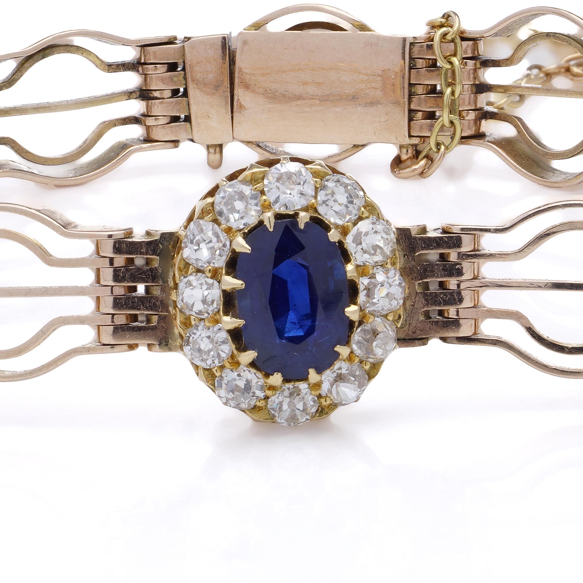 Taille rose Bracelet victorien en or rose 9 carats, saphirs et diamants en vente