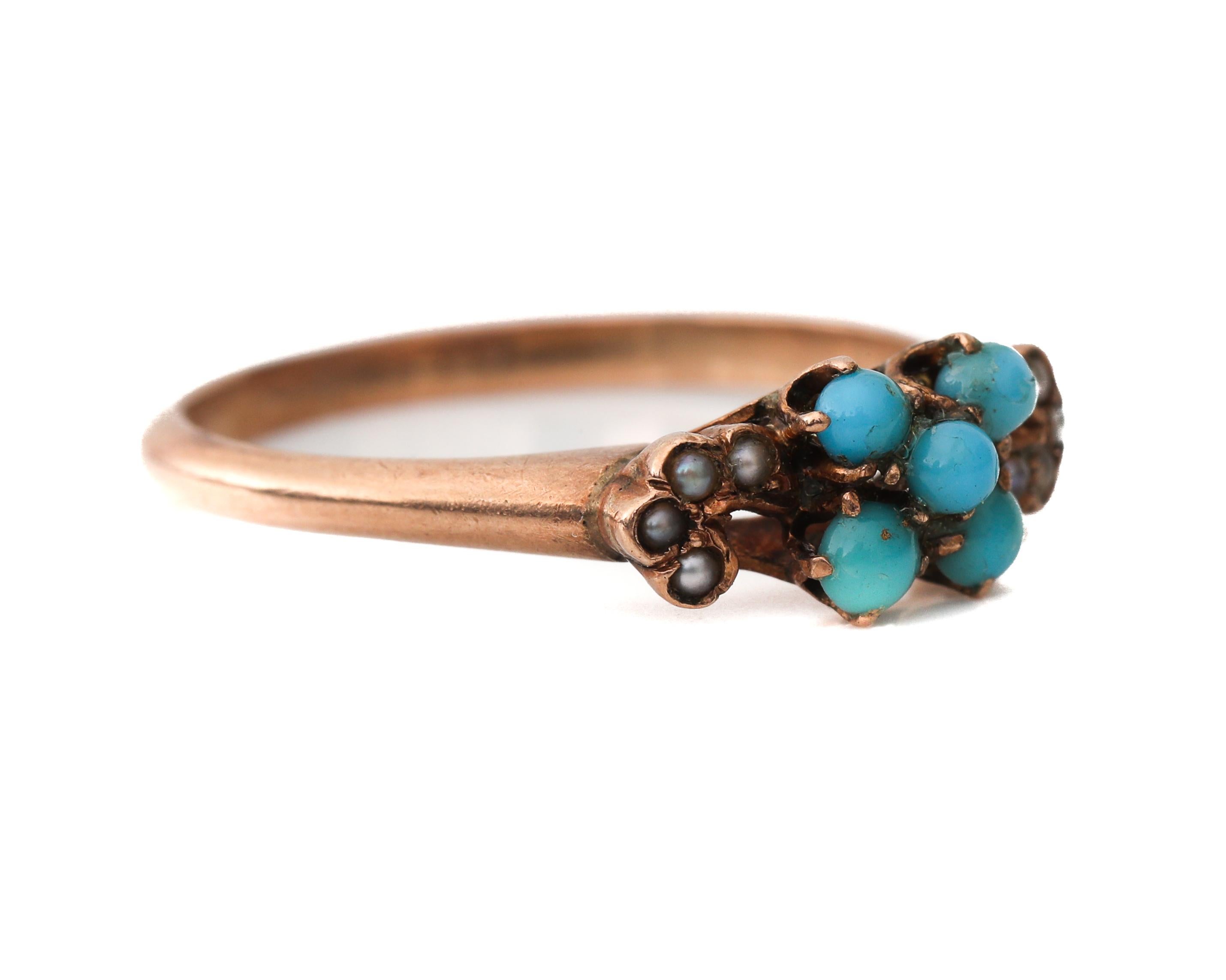 Round Cut Victorian 9 Karat Turquoise and Seed Pearl Accent Rose Gold Ring