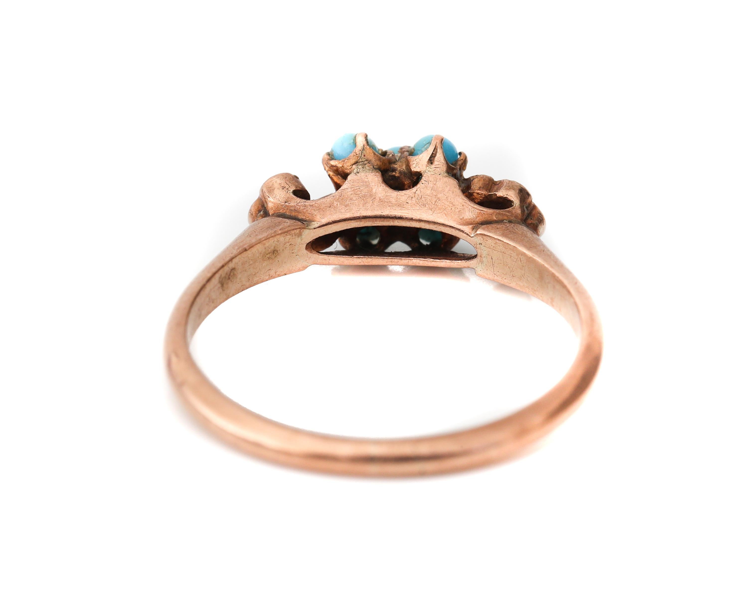 Victorian 9 Karat Turquoise and Seed Pearl Accent Rose Gold Ring In Fair Condition In Addison, TX