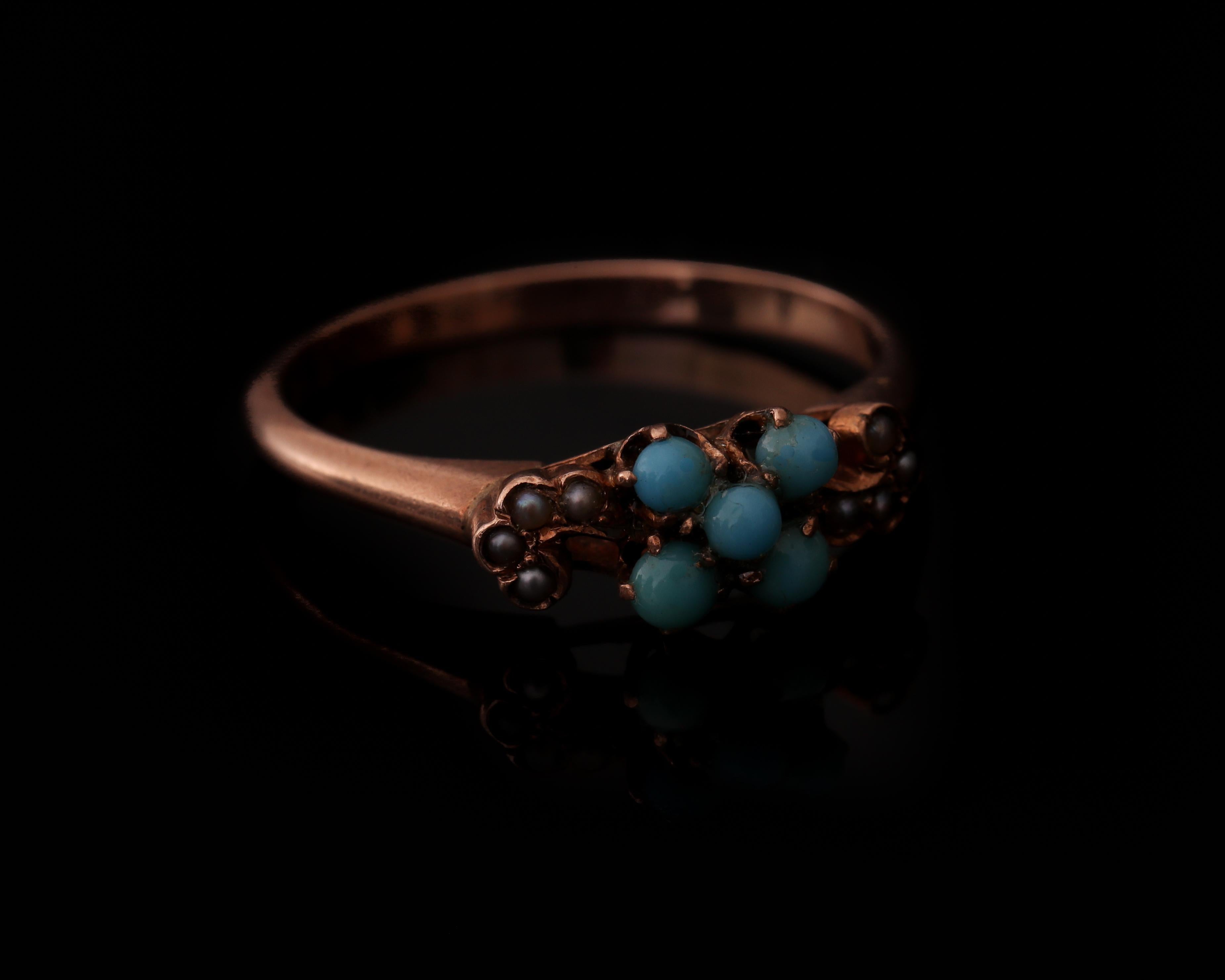 Women's Victorian 9 Karat Turquoise and Seed Pearl Accent Rose Gold Ring
