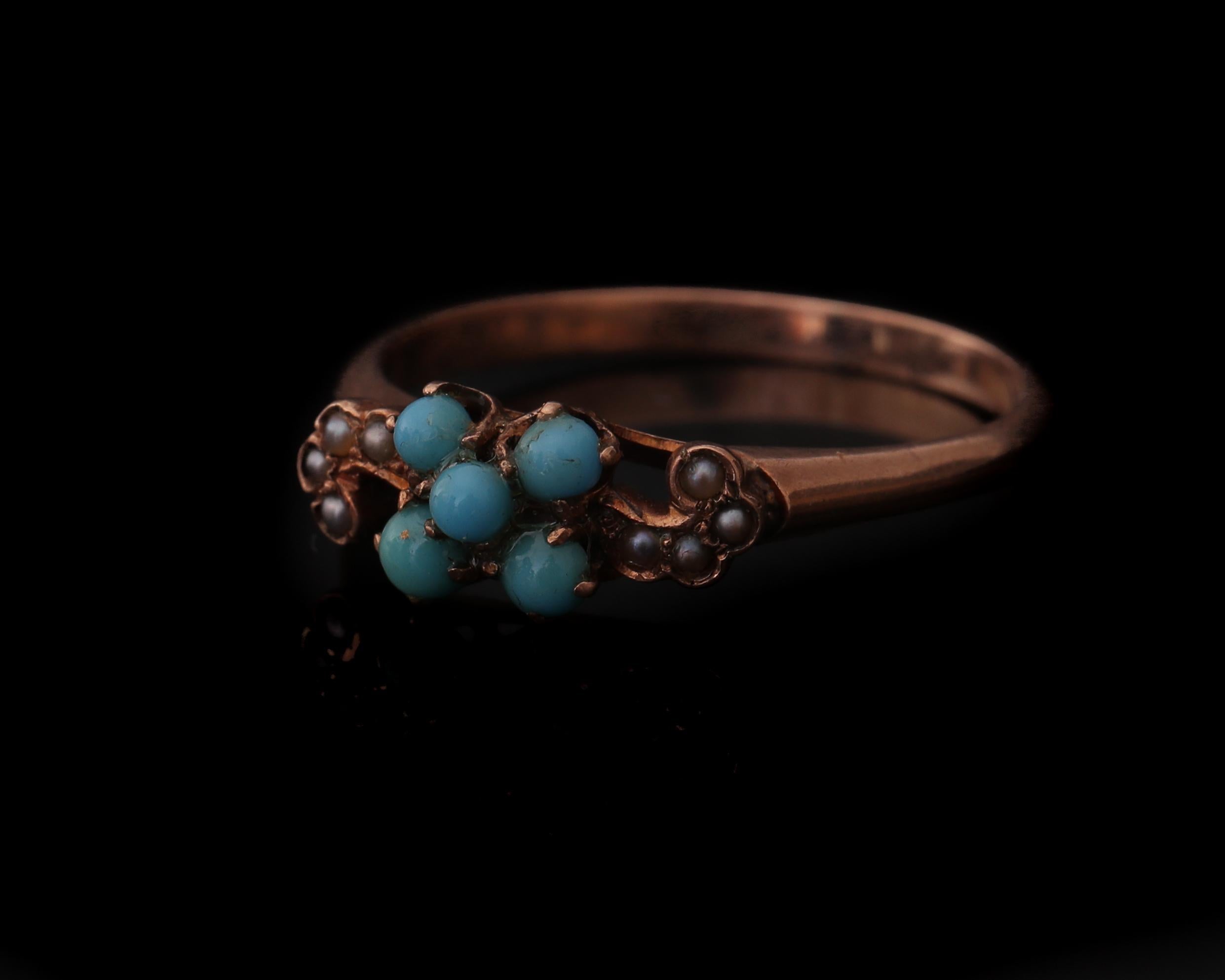 Victorian 9 Karat Turquoise and Seed Pearl Accent Rose Gold Ring 1
