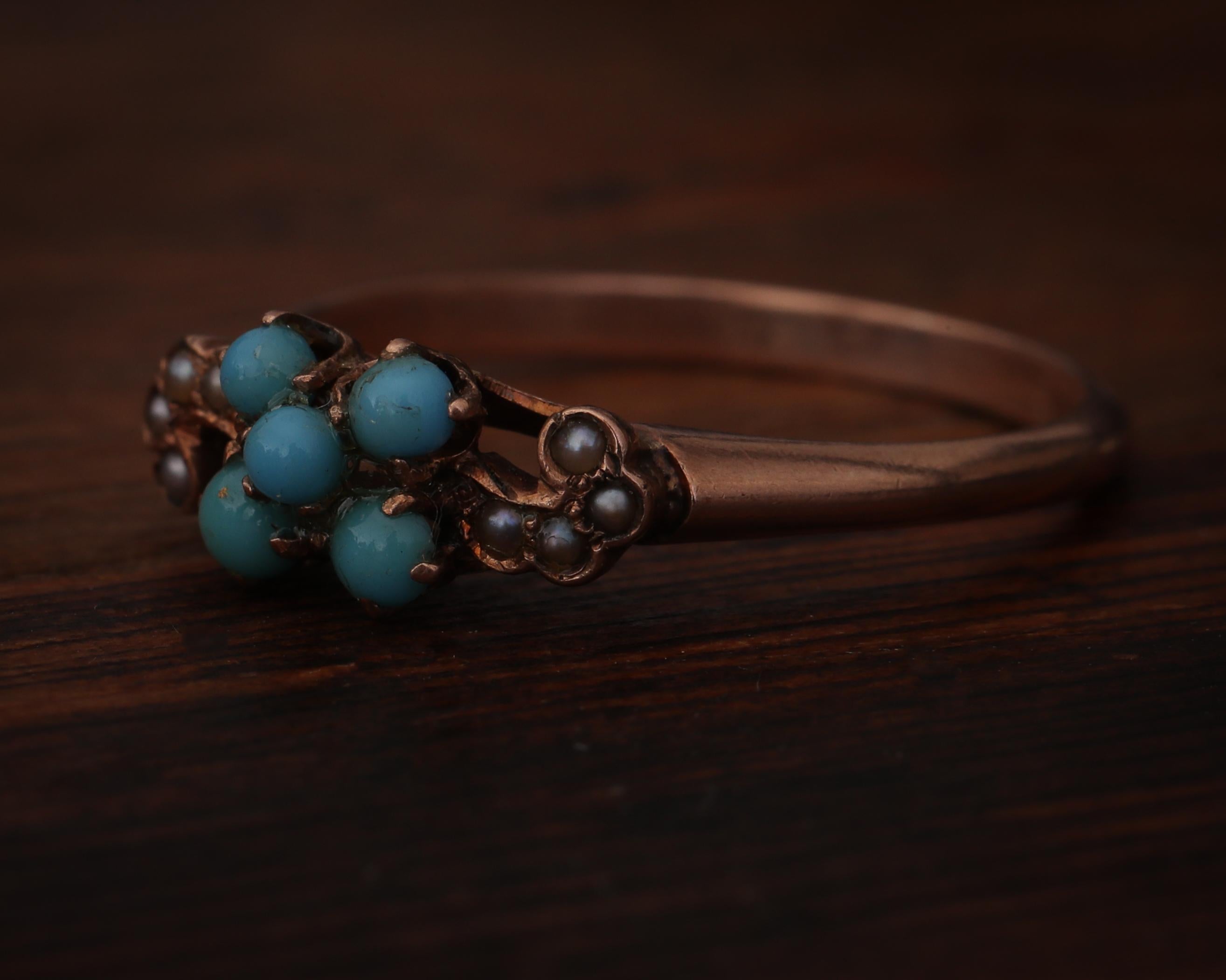 Victorian 9 Karat Turquoise and Seed Pearl Accent Rose Gold Ring 2