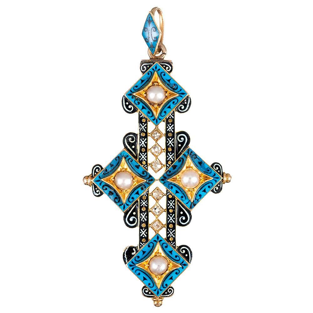 Victorian Abstract Cross with Enamel, Pearl and Diamonds