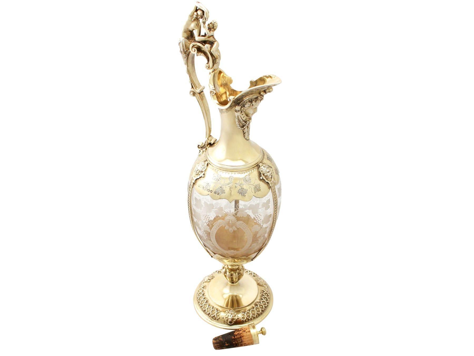 English Antique Victorian Acid Etched Glass and Sterling Silver Gilt Claret Jug For Sale