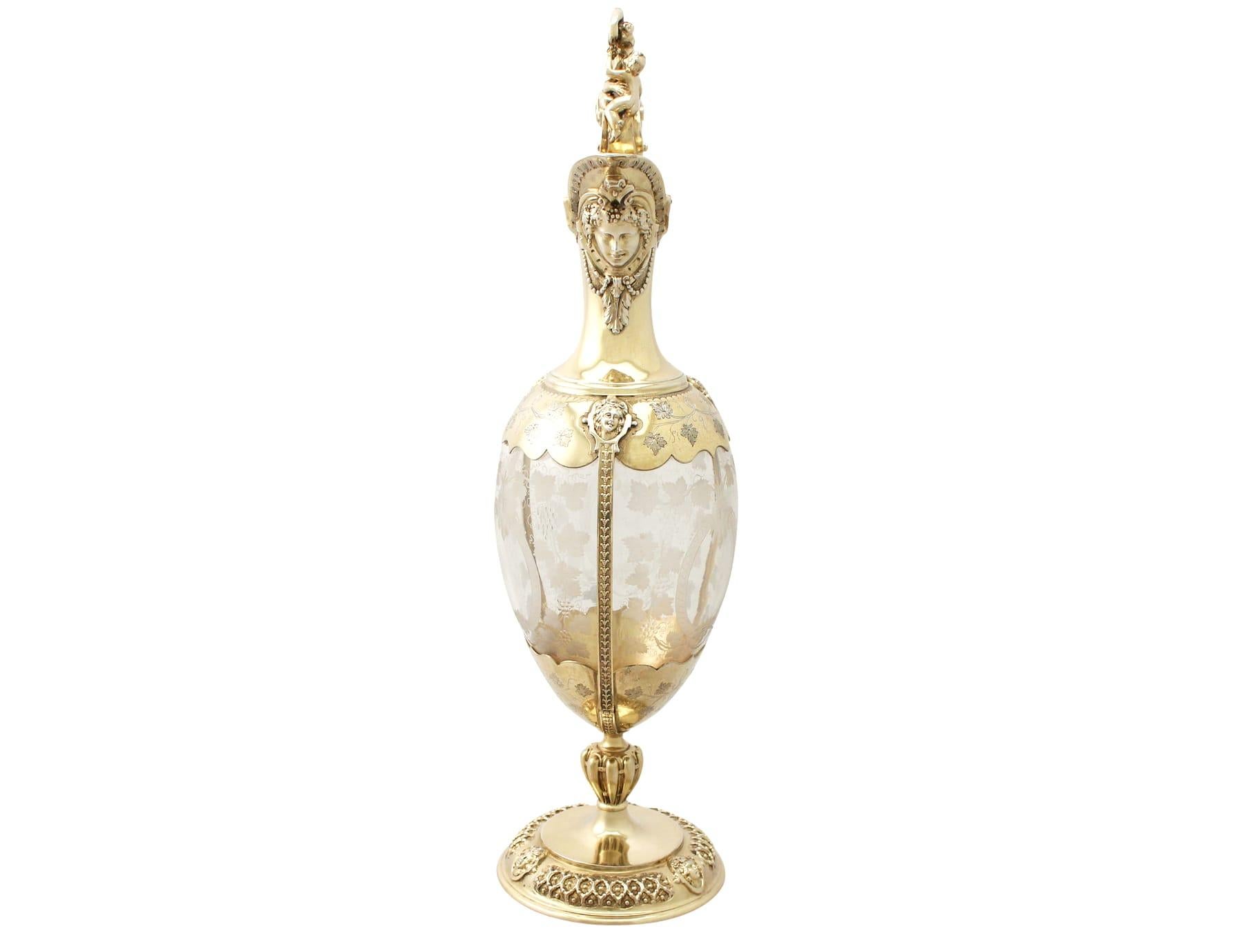 Antique Victorian Acid Etched Glass and Sterling Silver Gilt Claret Jug In Excellent Condition For Sale In Jesmond, Newcastle Upon Tyne