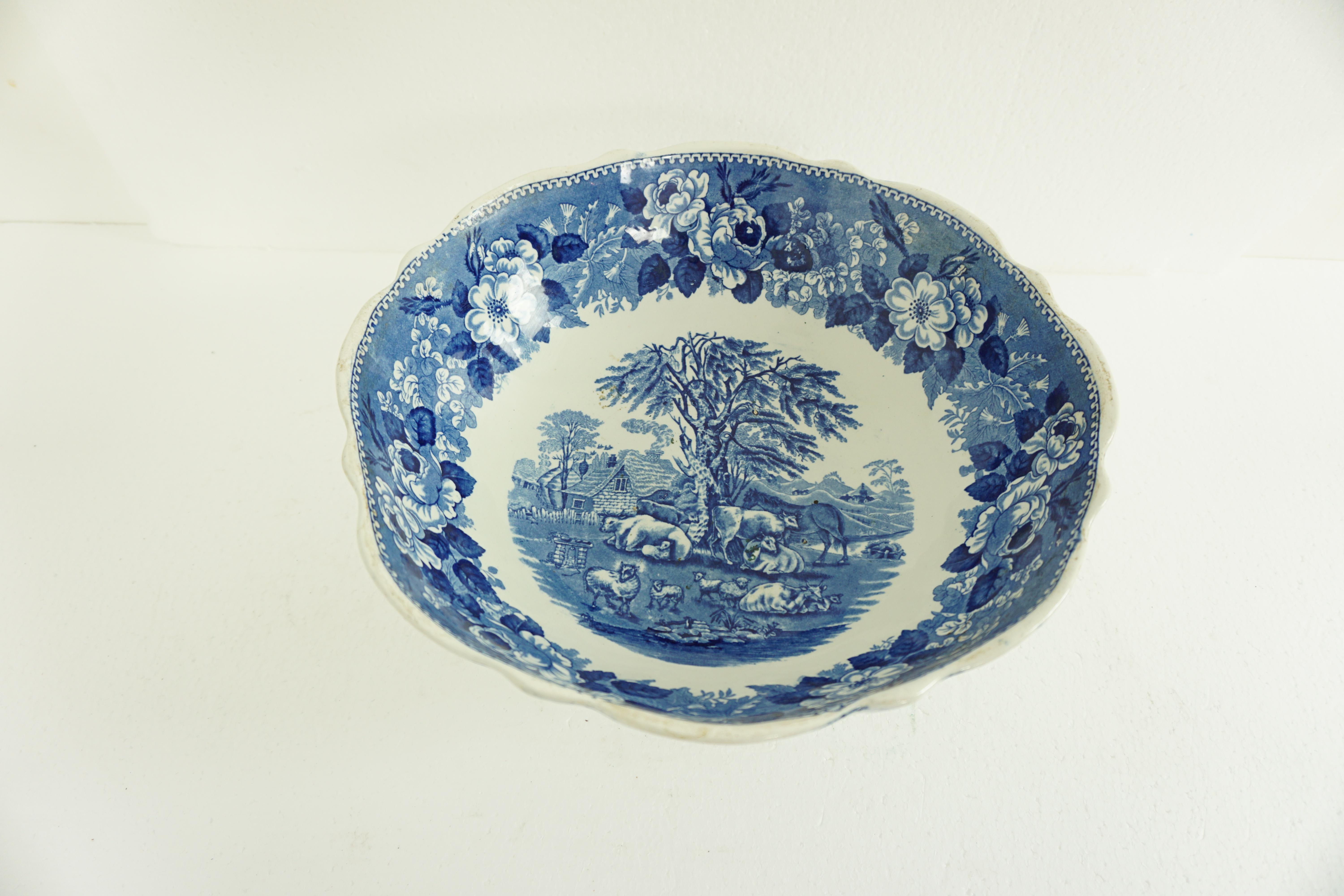 Large Victorian Adams Ironstone Blue, white transfer punch bowl, English 1850 B1642

England
1850
Fully mounted to the base
The bowl which is raised on a deep foot is decorated
with a central farm scene
Surrounded with a lovely floral