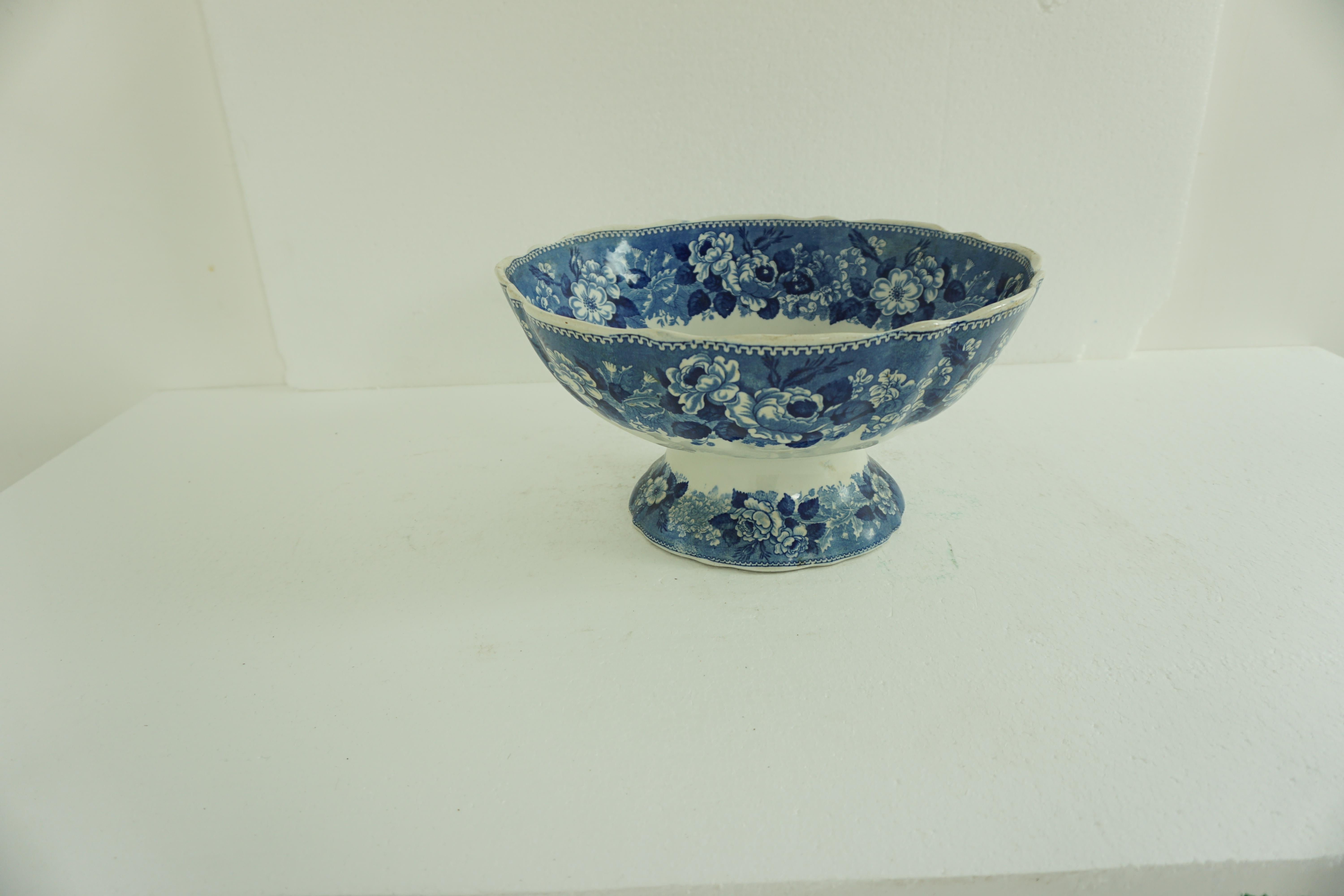 Scottish Victorian Adams Ironstone Blue, White Transfer Punch Bowl, English 1850 B1642