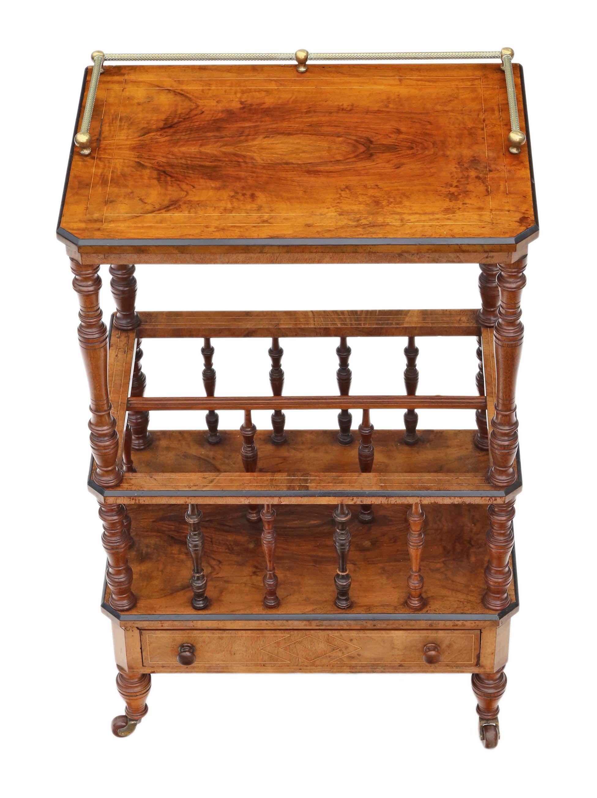 Antique quality Victorian Aesthetic circa 1880 burr walnut Canterbury whatnot or magazine rack.
This is a lovely item, that is full of age, charm and character.
An attractive and rare quality piece, with a lovely decorative look.
No loose joints.