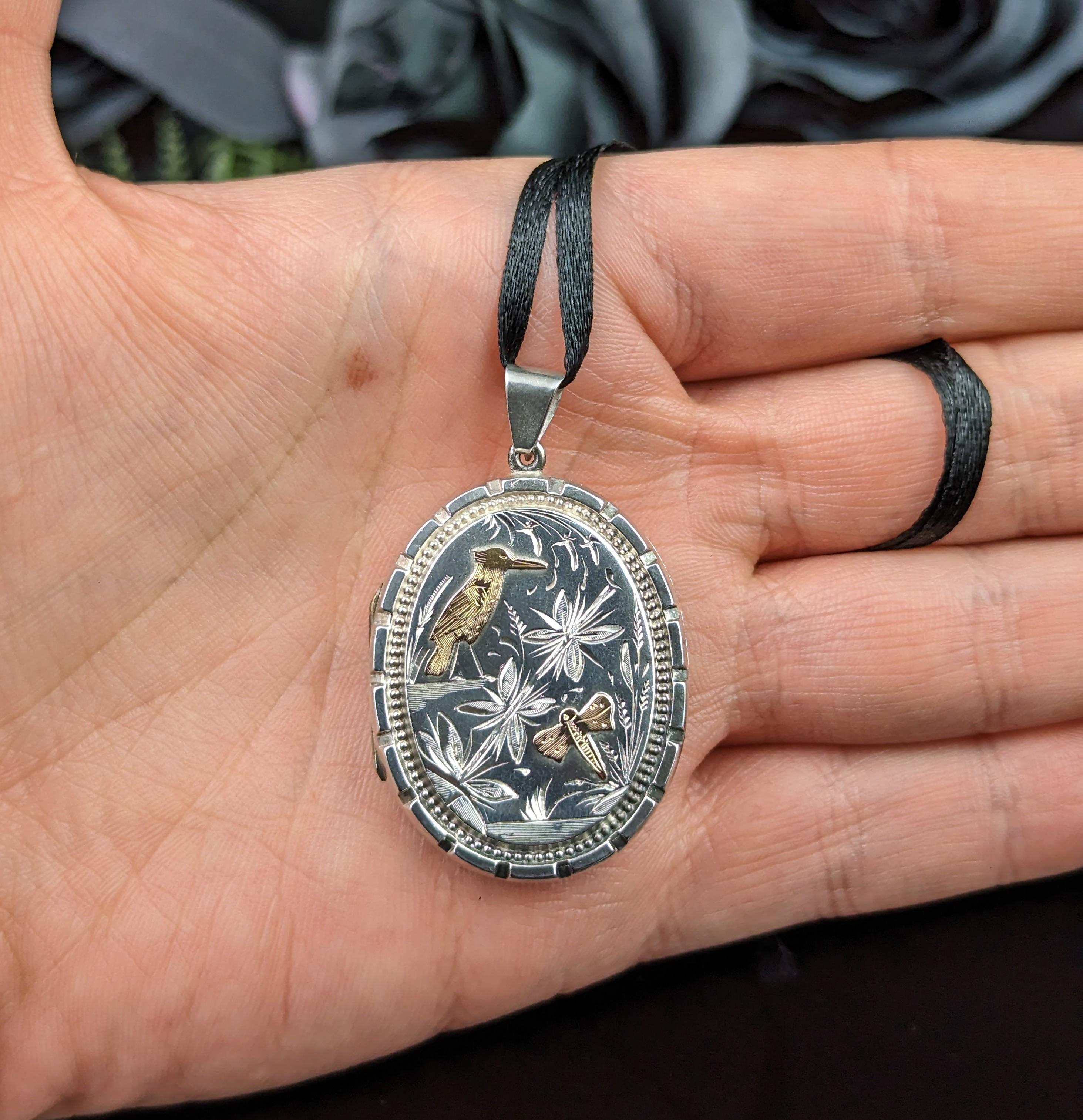 Victorian Aesthetic Era Locket, Sterling Silver and 9k Gold, Kingfisher 6