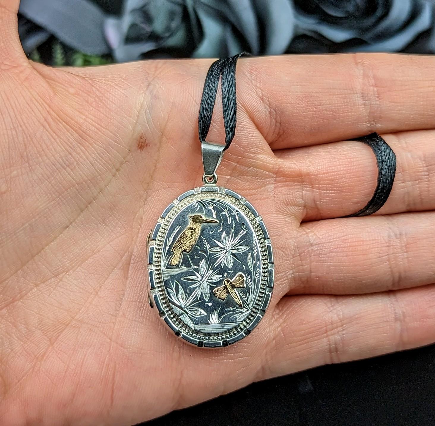 Victorian Aesthetic Era Locket, Sterling Silver and 9k Gold, Kingfisher 7