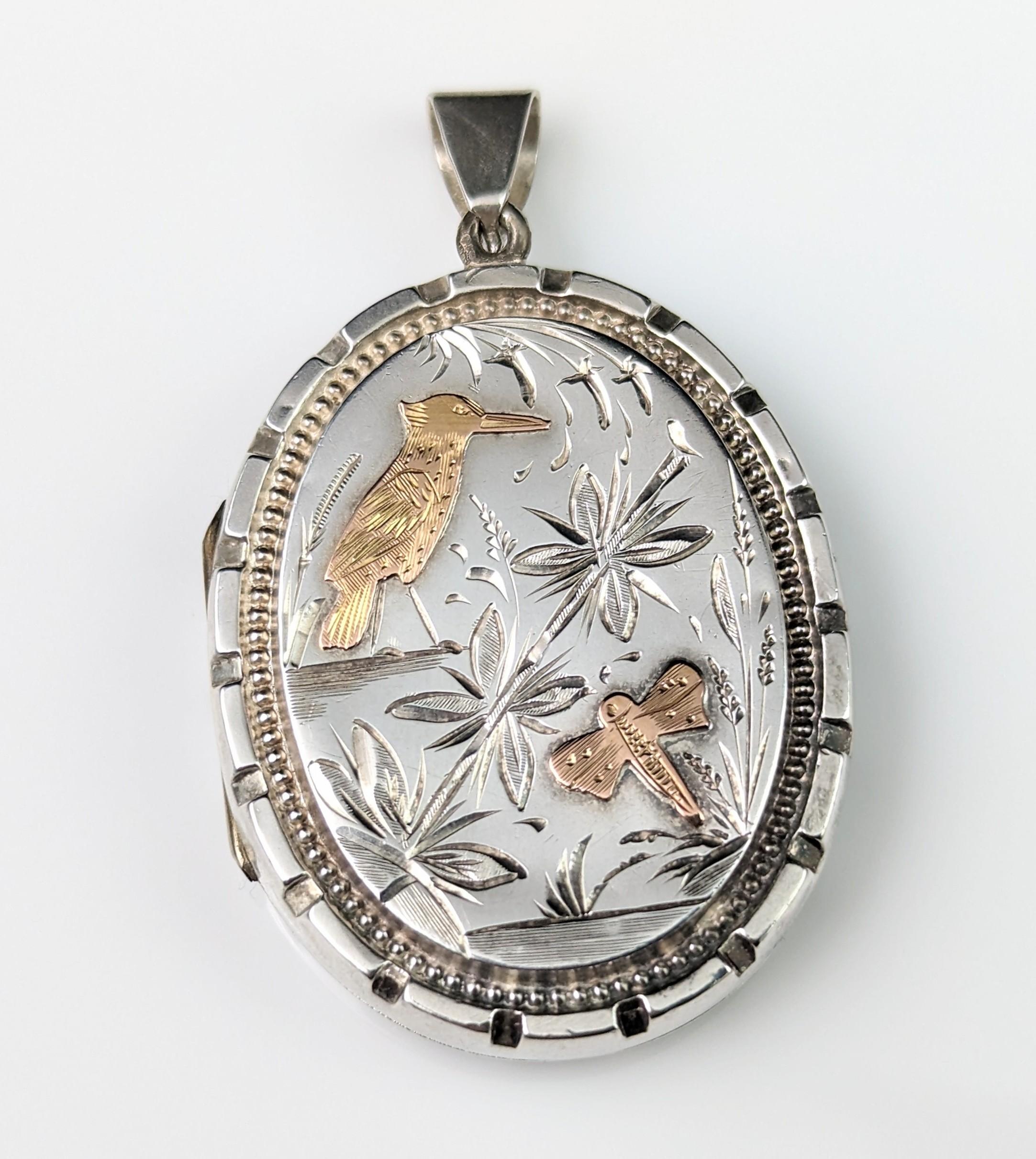 Victorian Aesthetic Era Locket, Sterling Silver and 9k Gold, Kingfisher 10