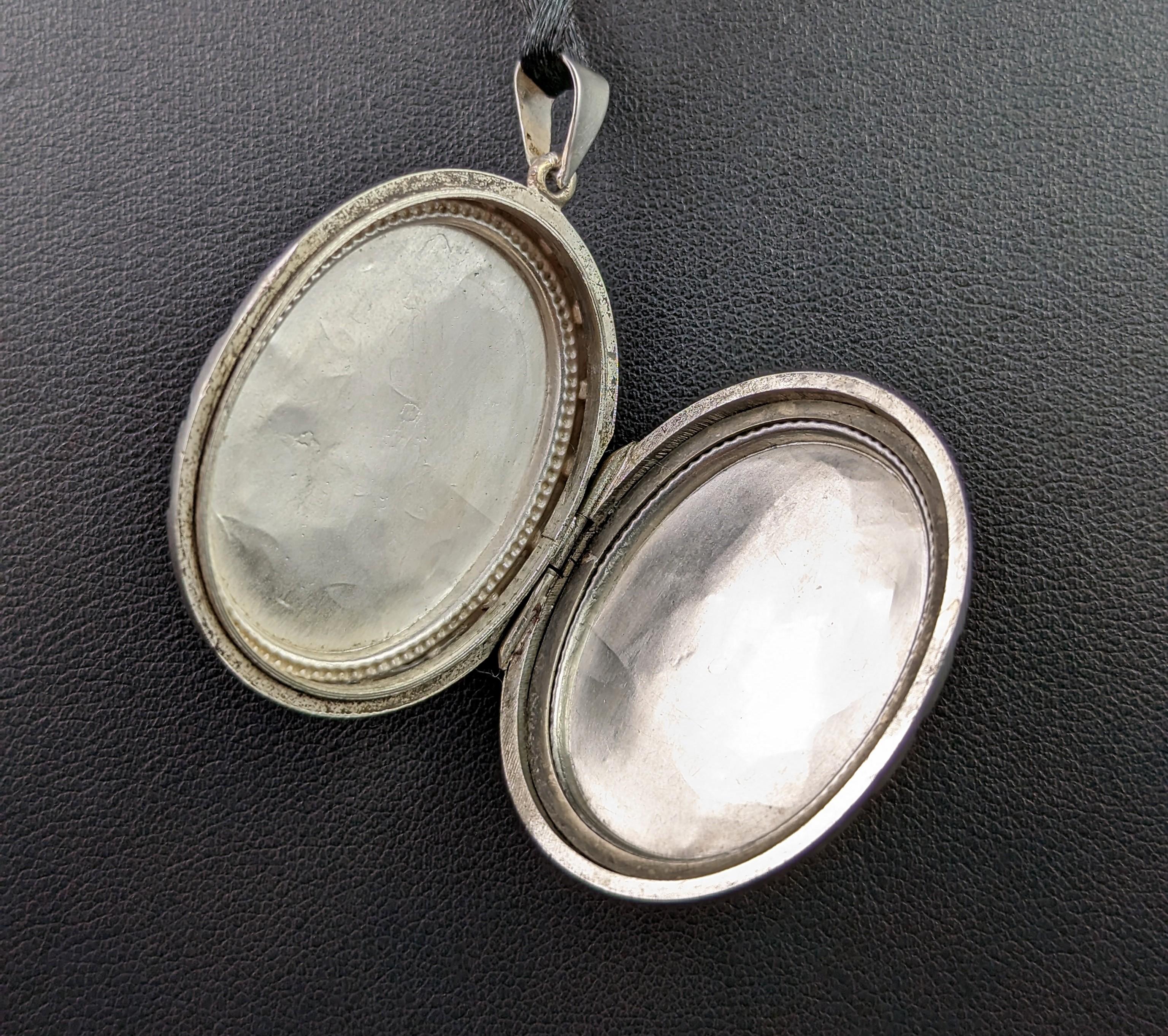 Women's Victorian Aesthetic Era Locket, Sterling Silver and 9k Gold, Kingfisher