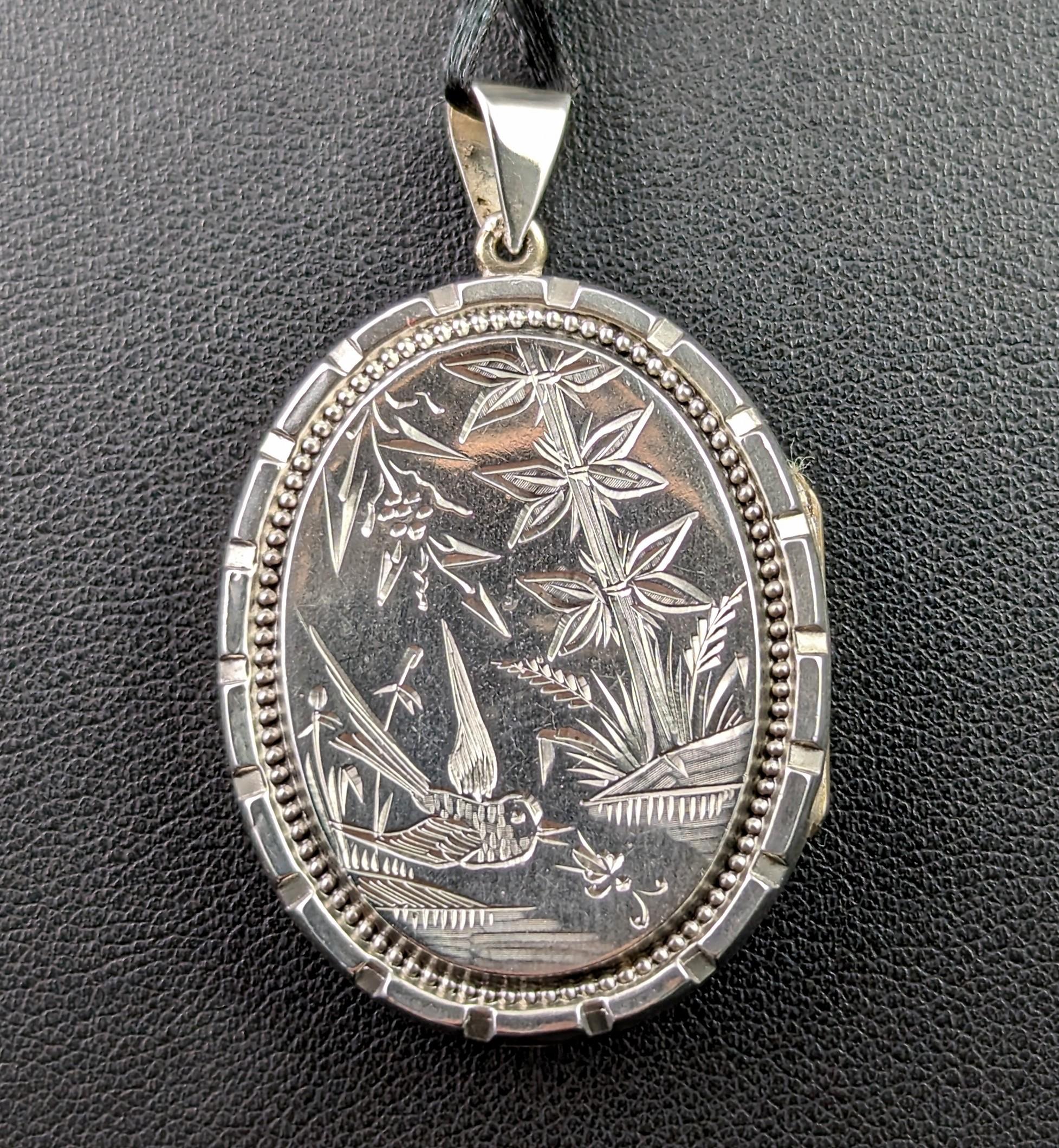 Victorian Aesthetic Era Locket, Sterling Silver and 9k Gold, Kingfisher 2