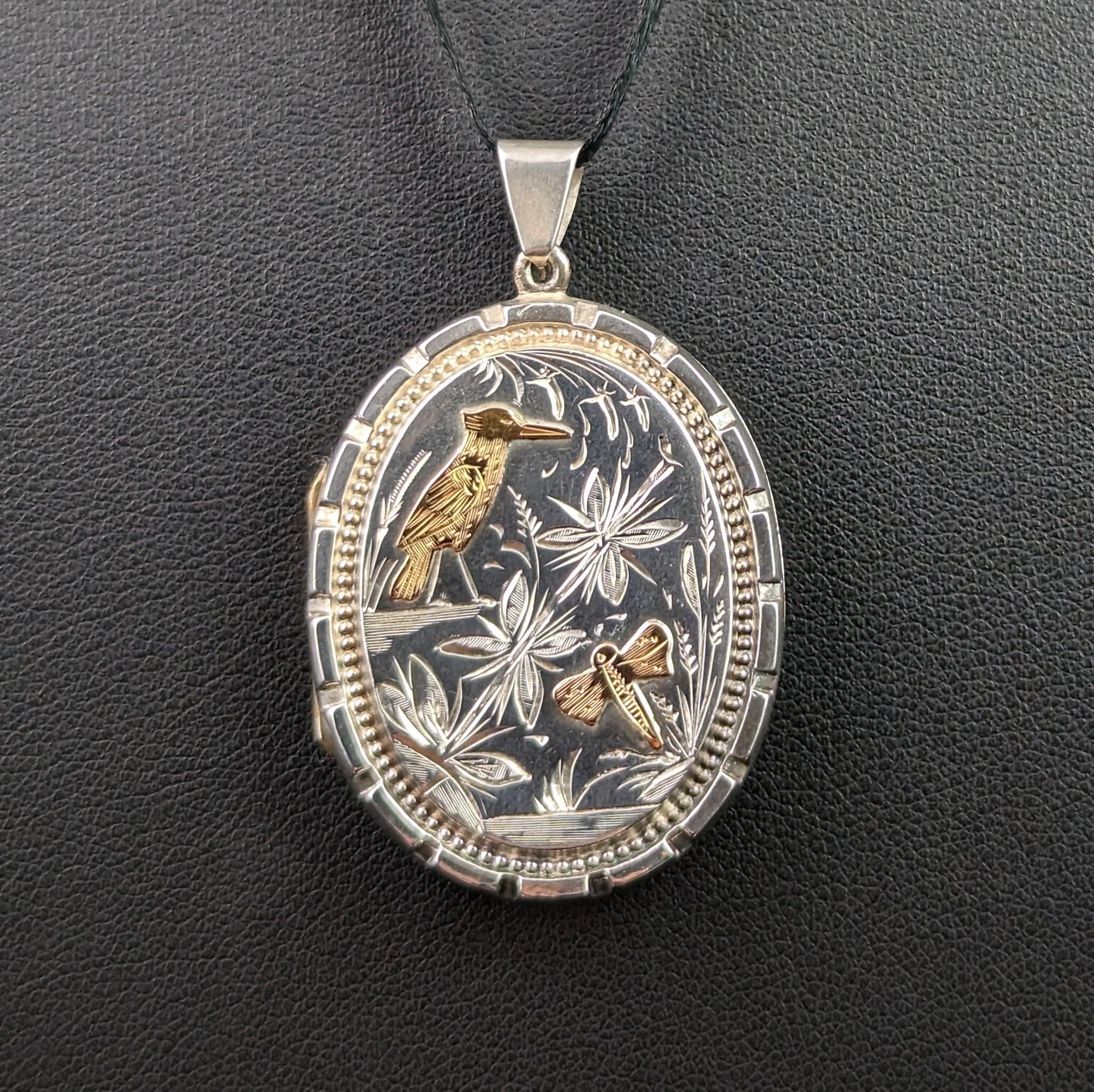 Victorian Aesthetic Era Locket, Sterling Silver and 9k Gold, Kingfisher 3