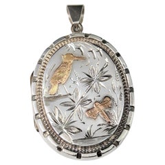 Antique Victorian Aesthetic Era Locket, Sterling Silver and 9k Gold, Kingfisher