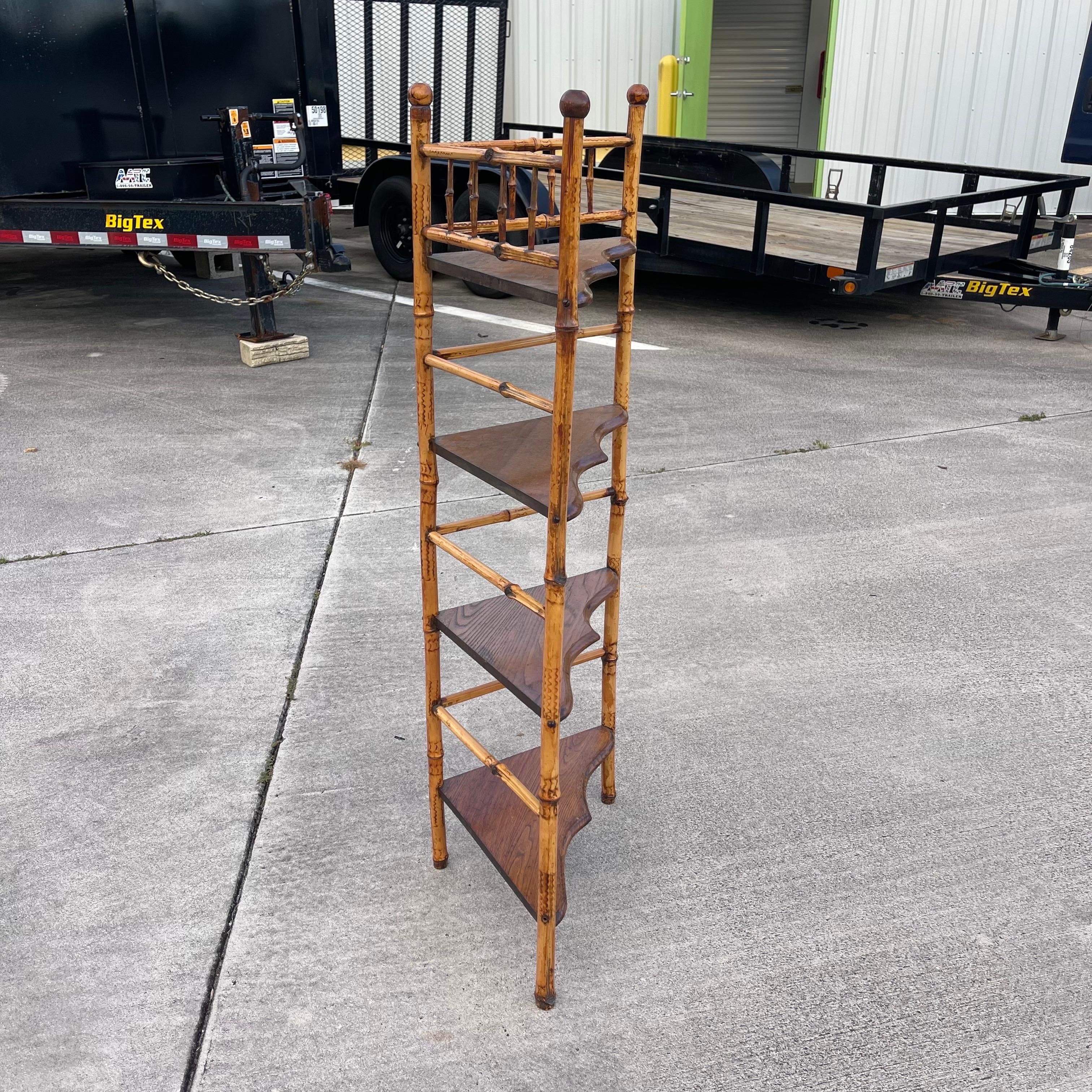 Fabulous antique Victorian Aesthetic movement burnt bamboo corner shelf. 