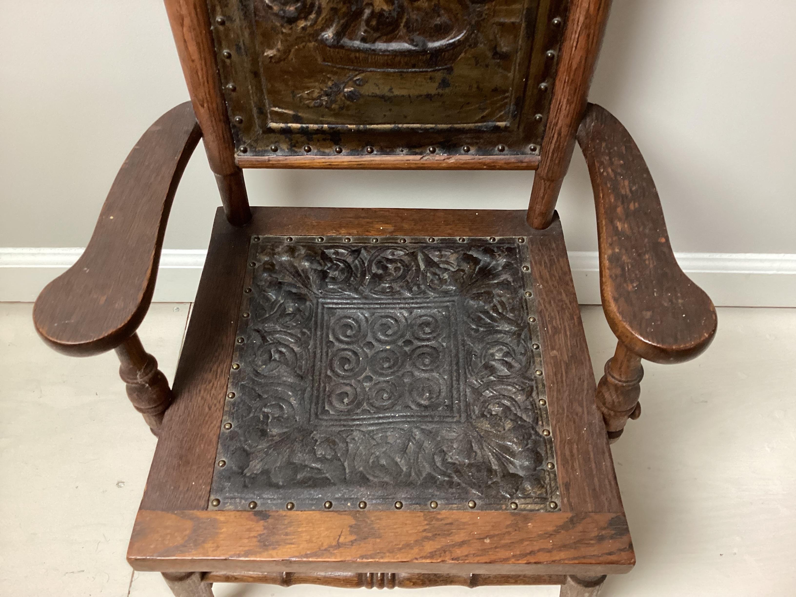 Victorian Aesthetic Movement Childs Chair with Pressed Leather Cats on Seat Back In Excellent Condition For Sale In Lambertville, NJ