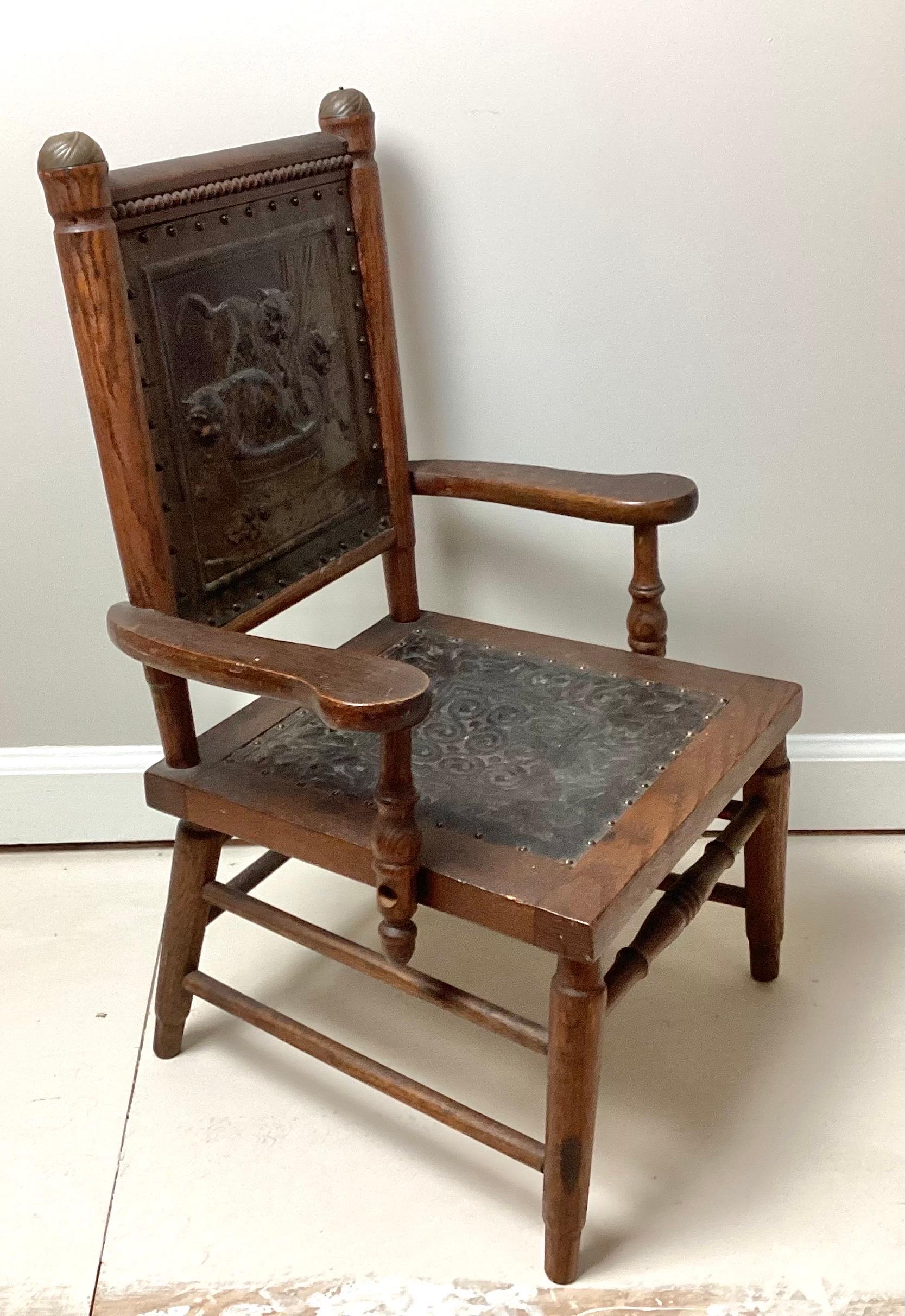 19th Century Victorian Aesthetic Movement Childs Chair with Pressed Leather Cats on Seat Back For Sale