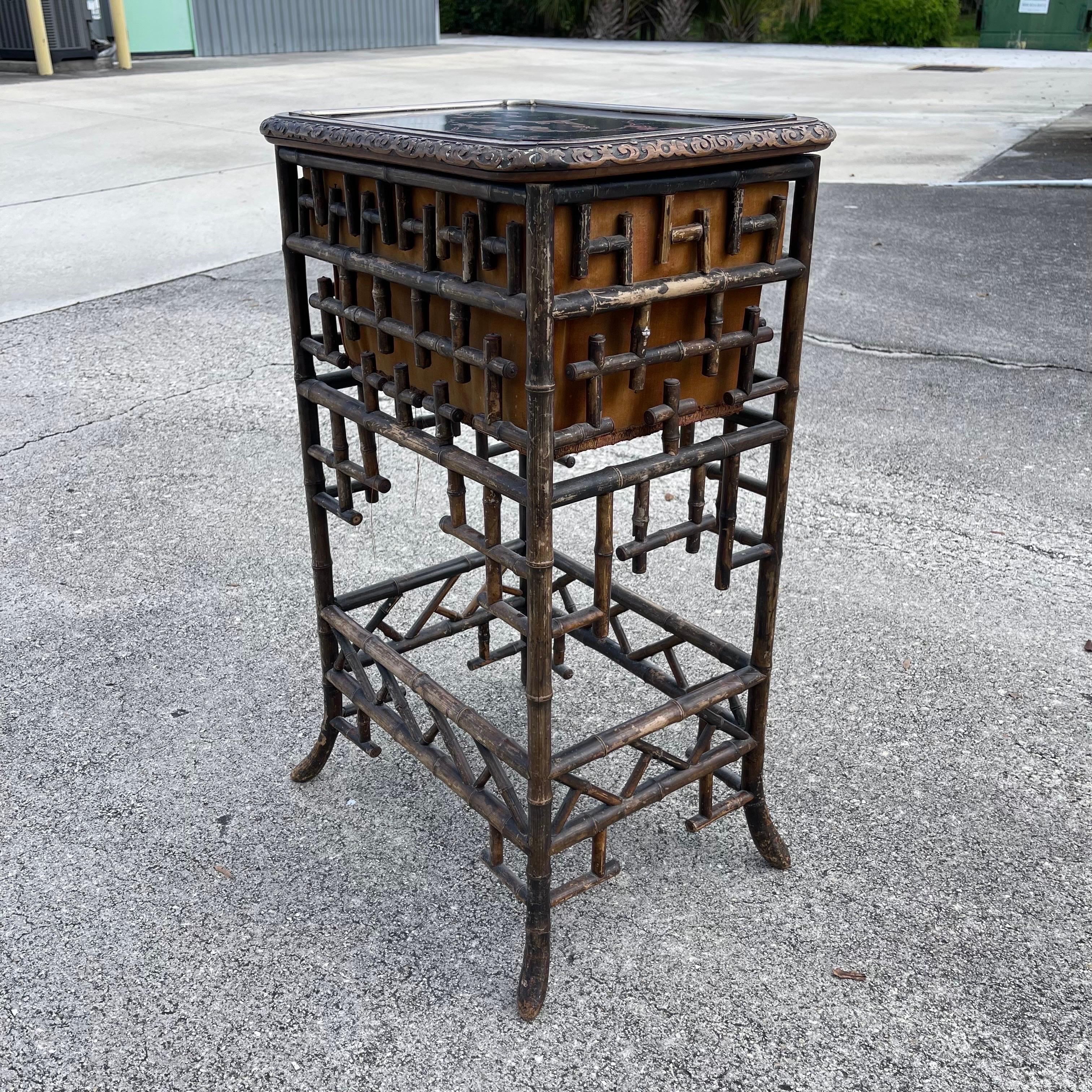 Victorian Aesthetic Movement Chinoiserie Bamboo Fretwork Sewing Table For Sale 6