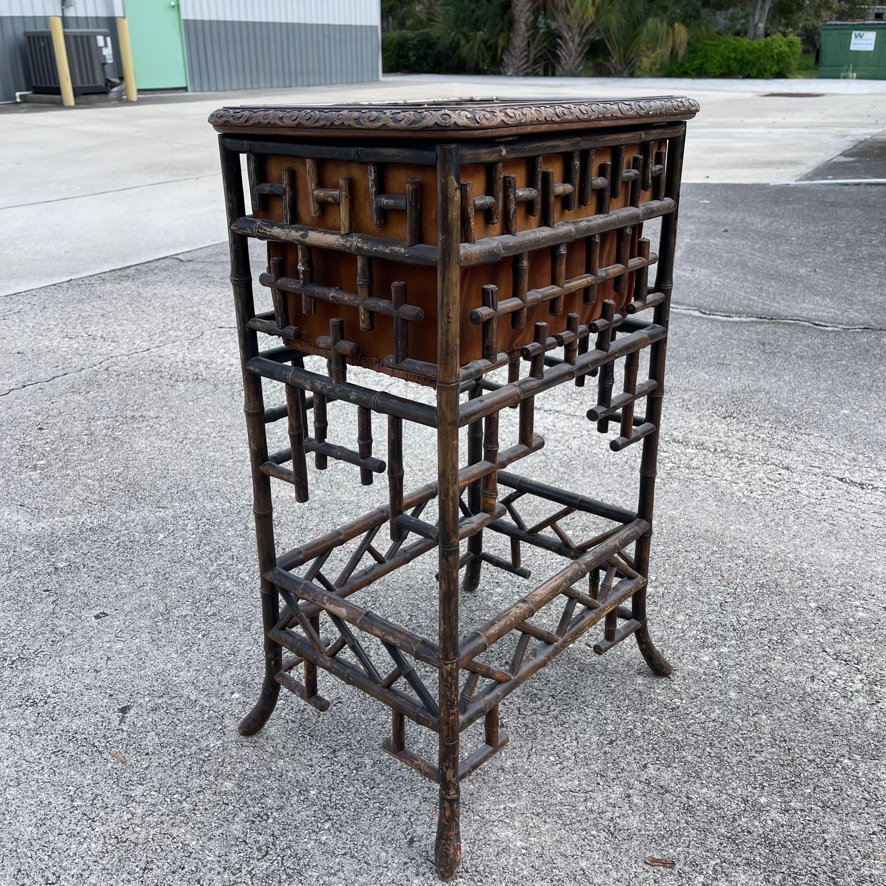 Victorian Aesthetic Movement Chinoiserie Bamboo Fretwork Sewing Table For Sale 9