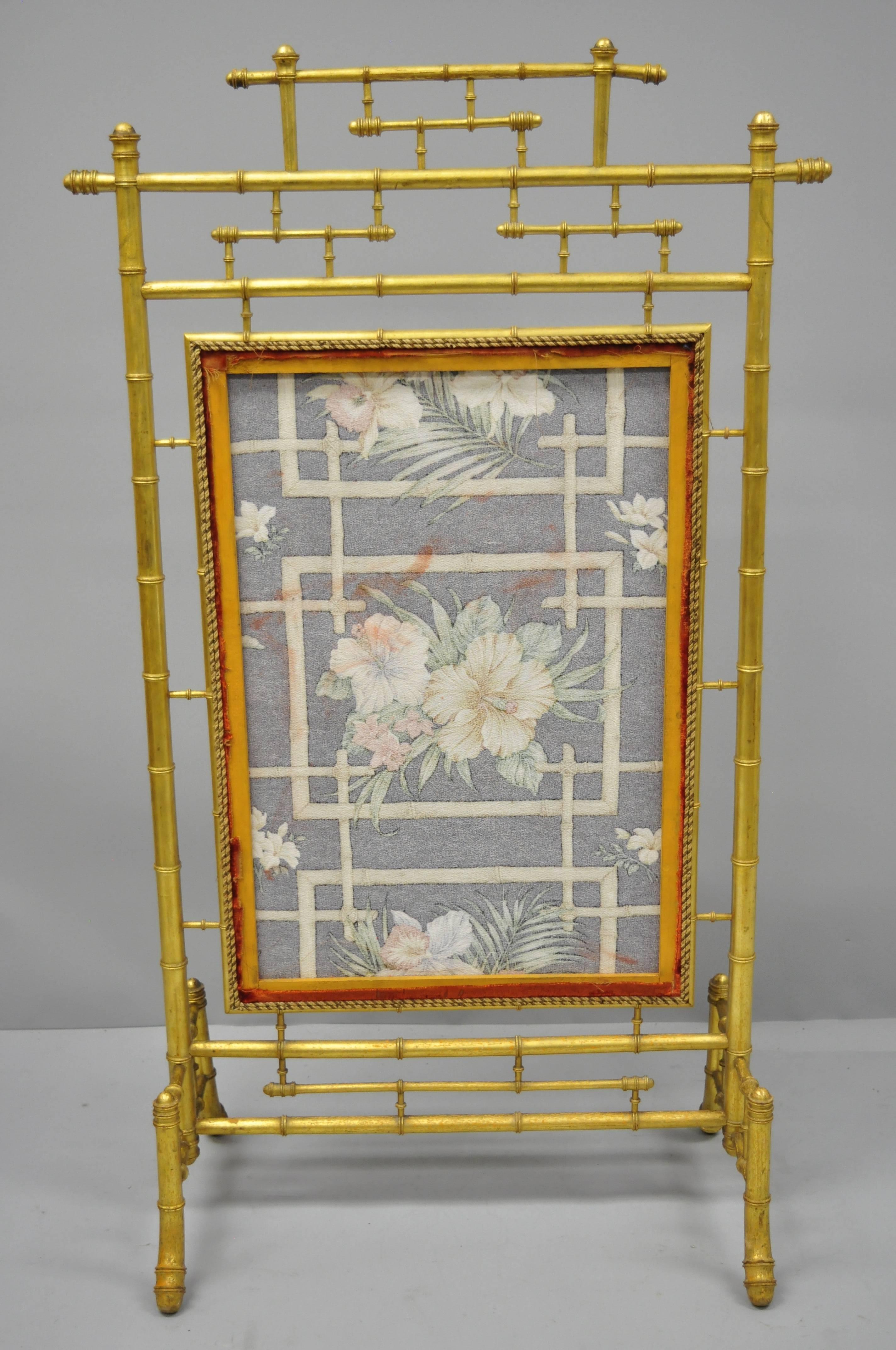 Victorian Aesthetic Movement Gold Giltwood Faux Bamboo Fire Screen Silk Fabric 4