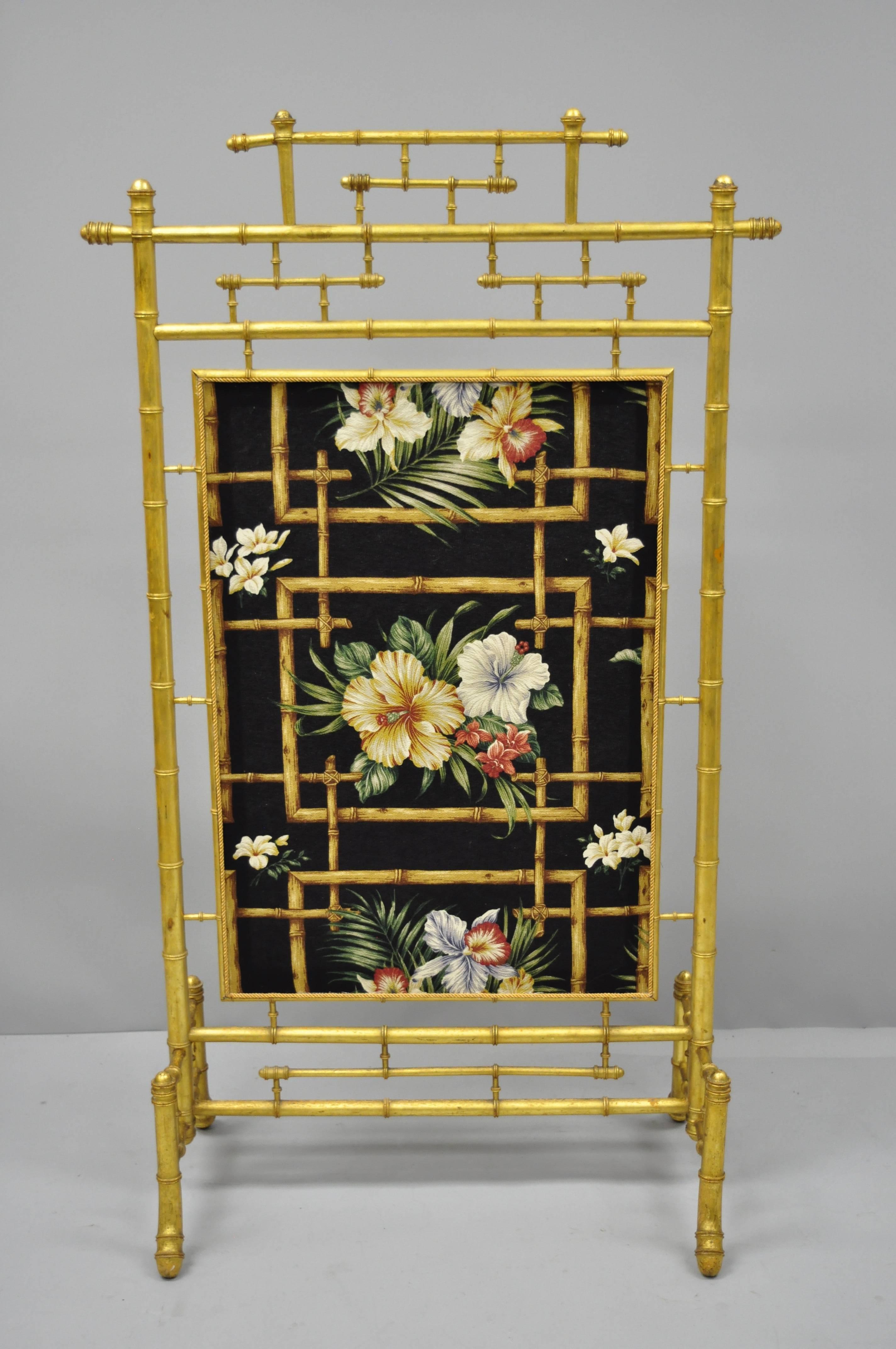 Victorian Aesthetic Movement Gold Giltwood Faux Bamboo Fire Screen Silk Fabric 5