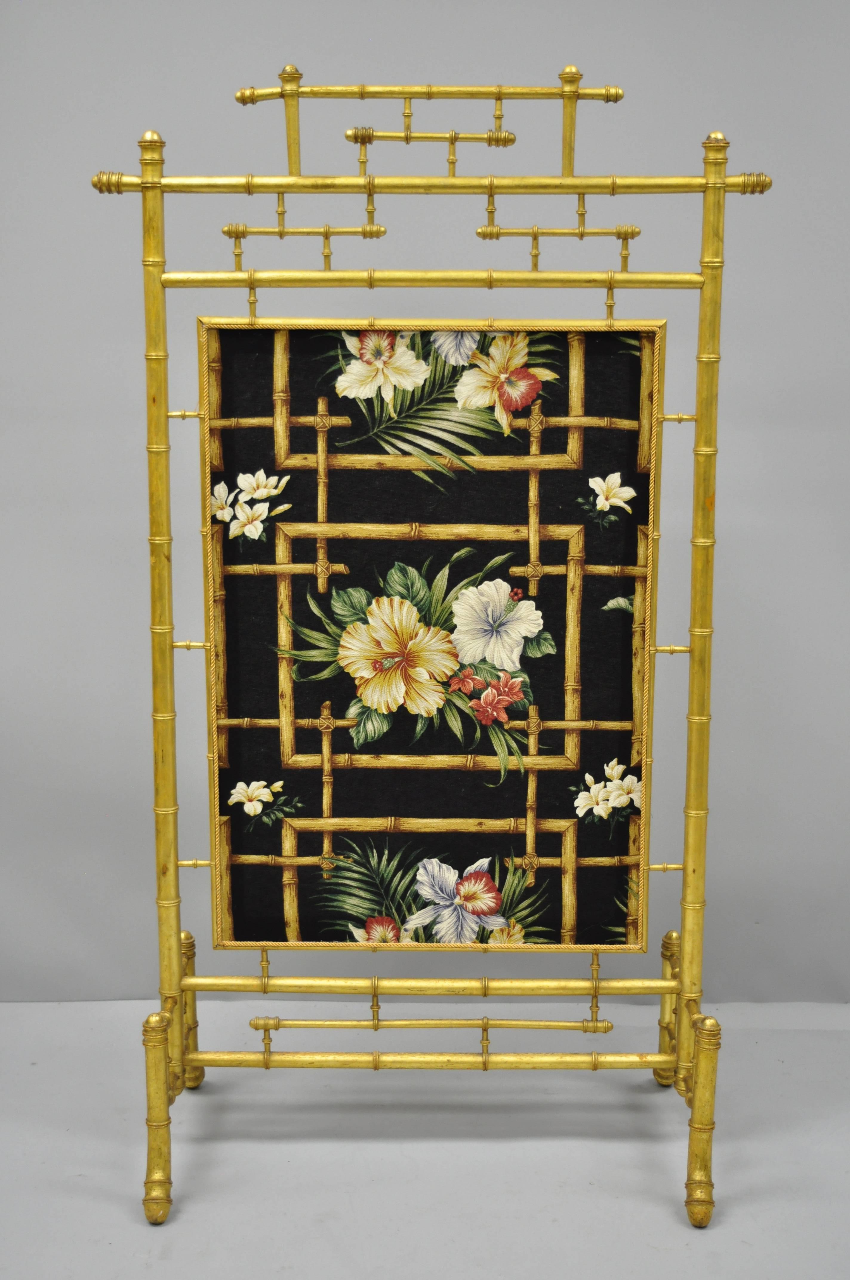 Antique Victorian aesthetic movement gold gilded faux bamboo fire screen with floral silk fabric panel. Item features gold giltwood construction, floral silk fabric with bamboo pattern, carved faux bamboo design, very nice antique item. Believed to