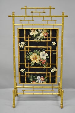 Victorian Aesthetic Movement Gold Giltwood Faux Bamboo Fire Screen Silk Fabric