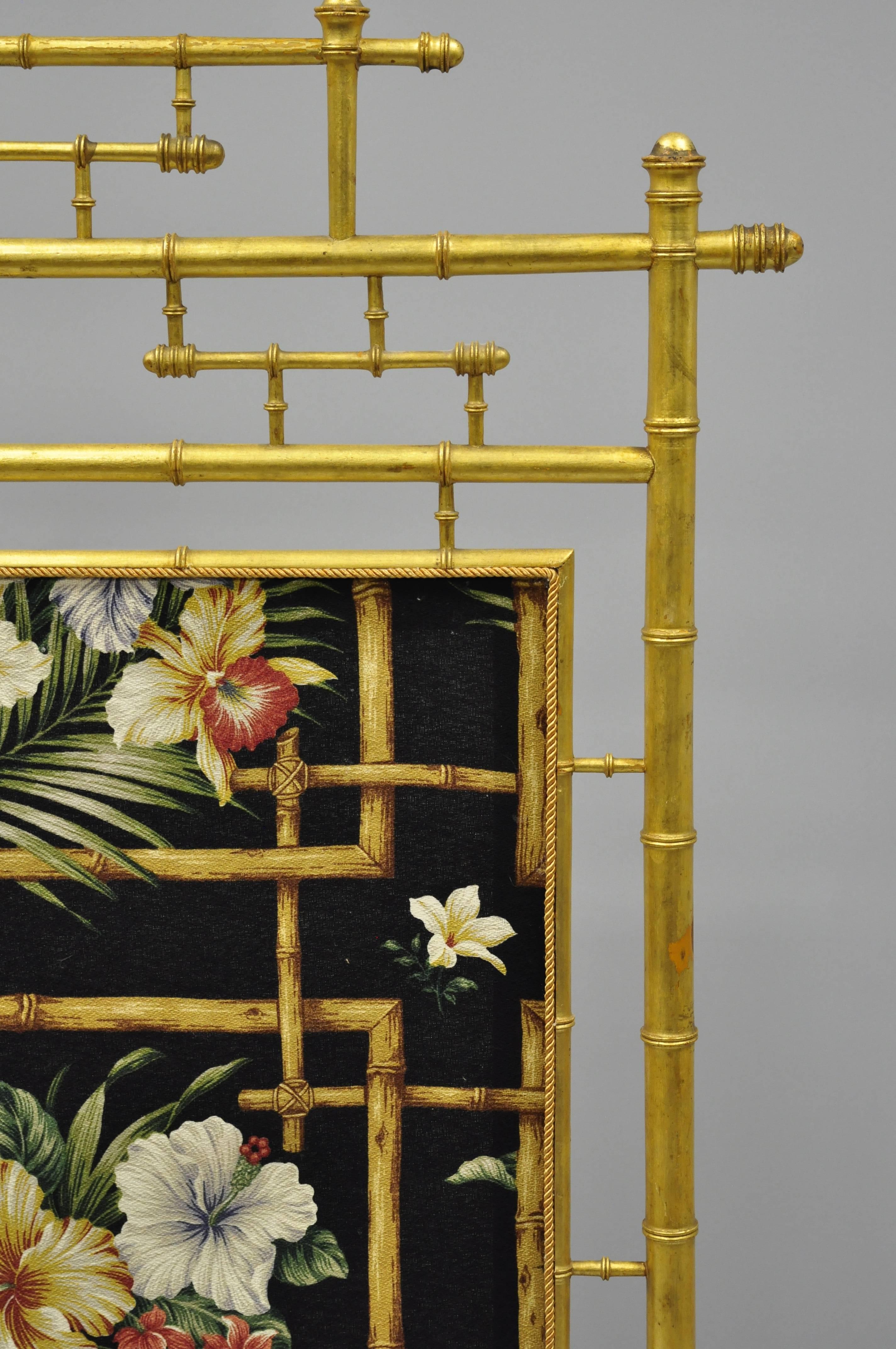 English Victorian Aesthetic Movement Gold Giltwood Faux Bamboo Fire Screen Silk Fabric