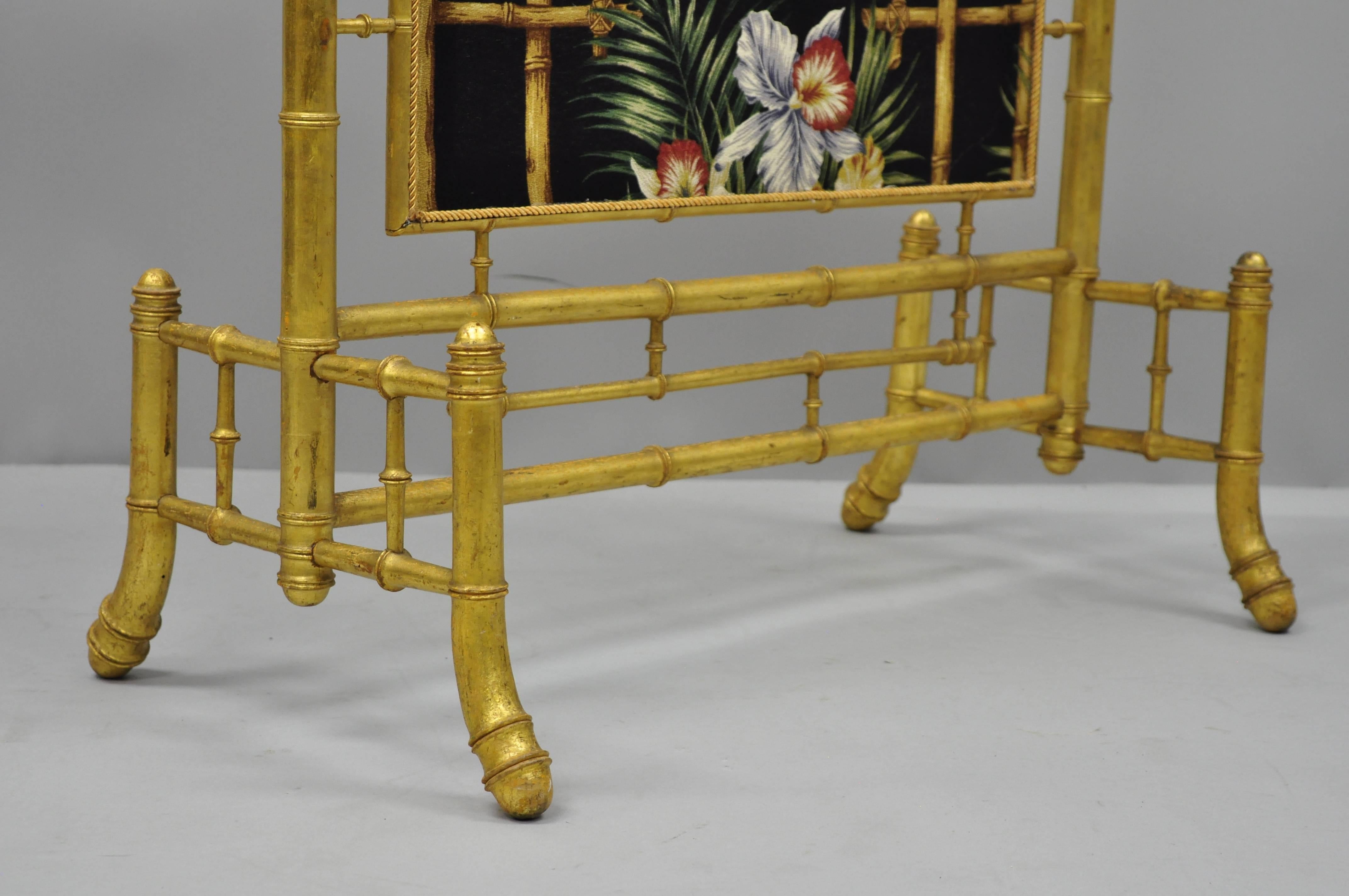 19th Century Victorian Aesthetic Movement Gold Giltwood Faux Bamboo Fire Screen Silk Fabric