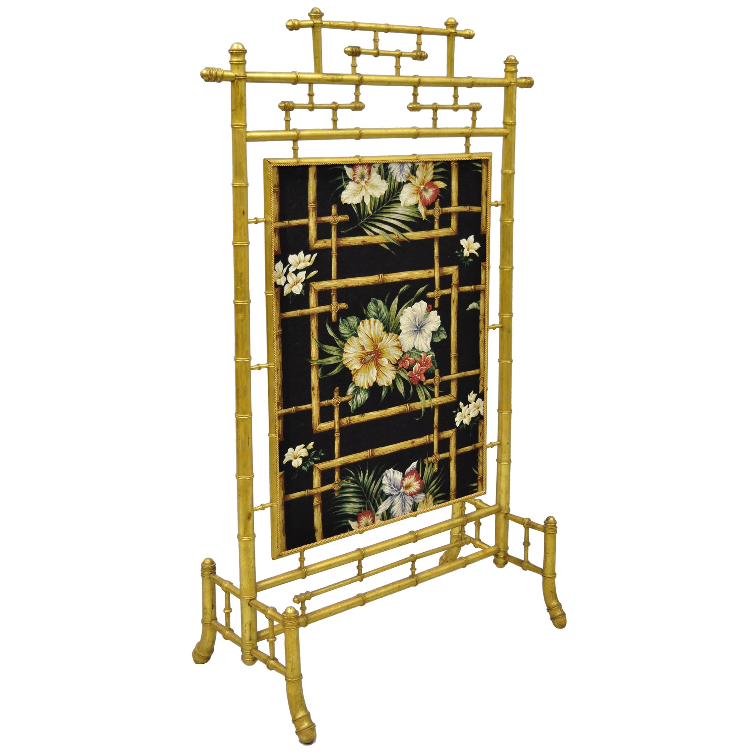 Victorian Aesthetic Movement Gold Giltwood Faux Bamboo Fire Screen Silk Fabric