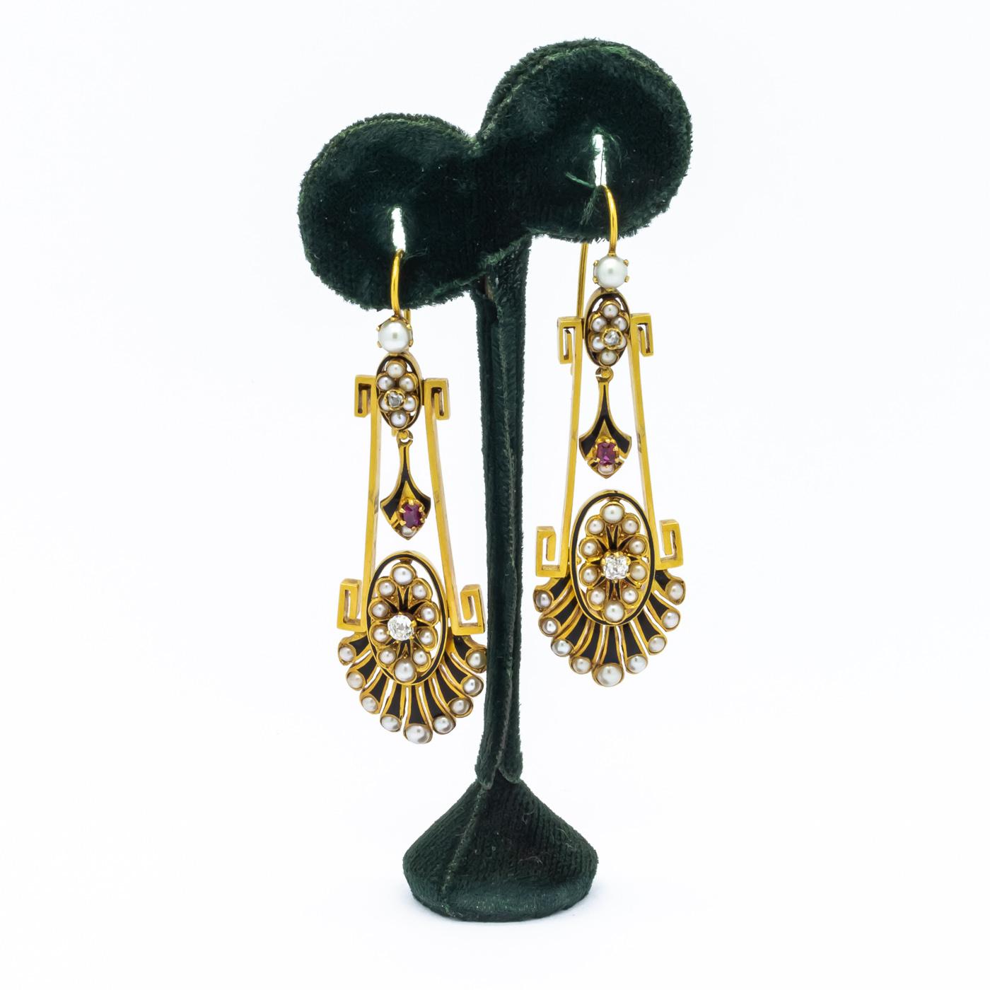 Rose Cut Victorian Aesthetic Movement Gold, Pearl, Diamond, Enamel and Ruby Earrings For Sale