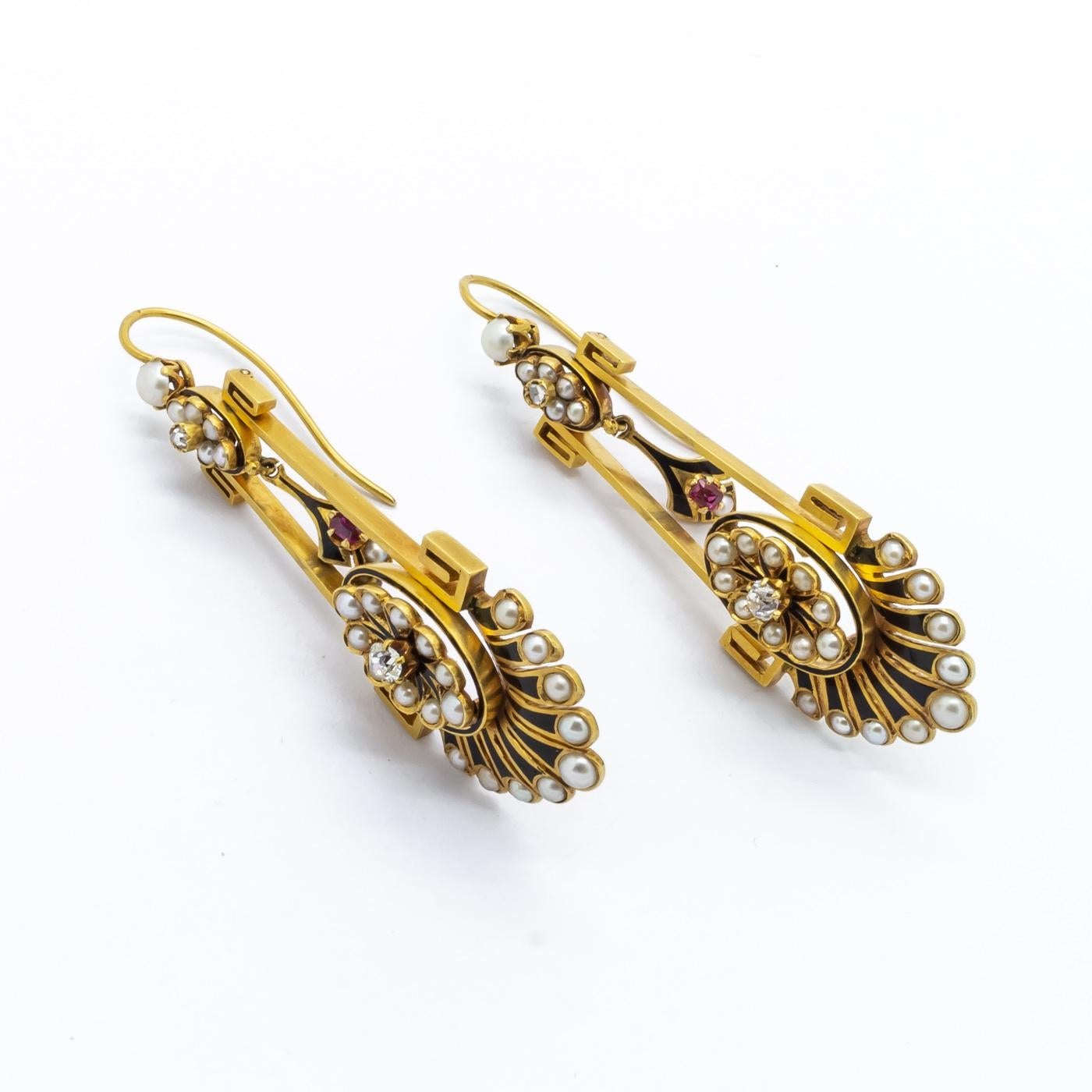 Victorian Aesthetic Movement Gold, Pearl, Diamond, Enamel and Ruby Earrings In Good Condition For Sale In London, GB