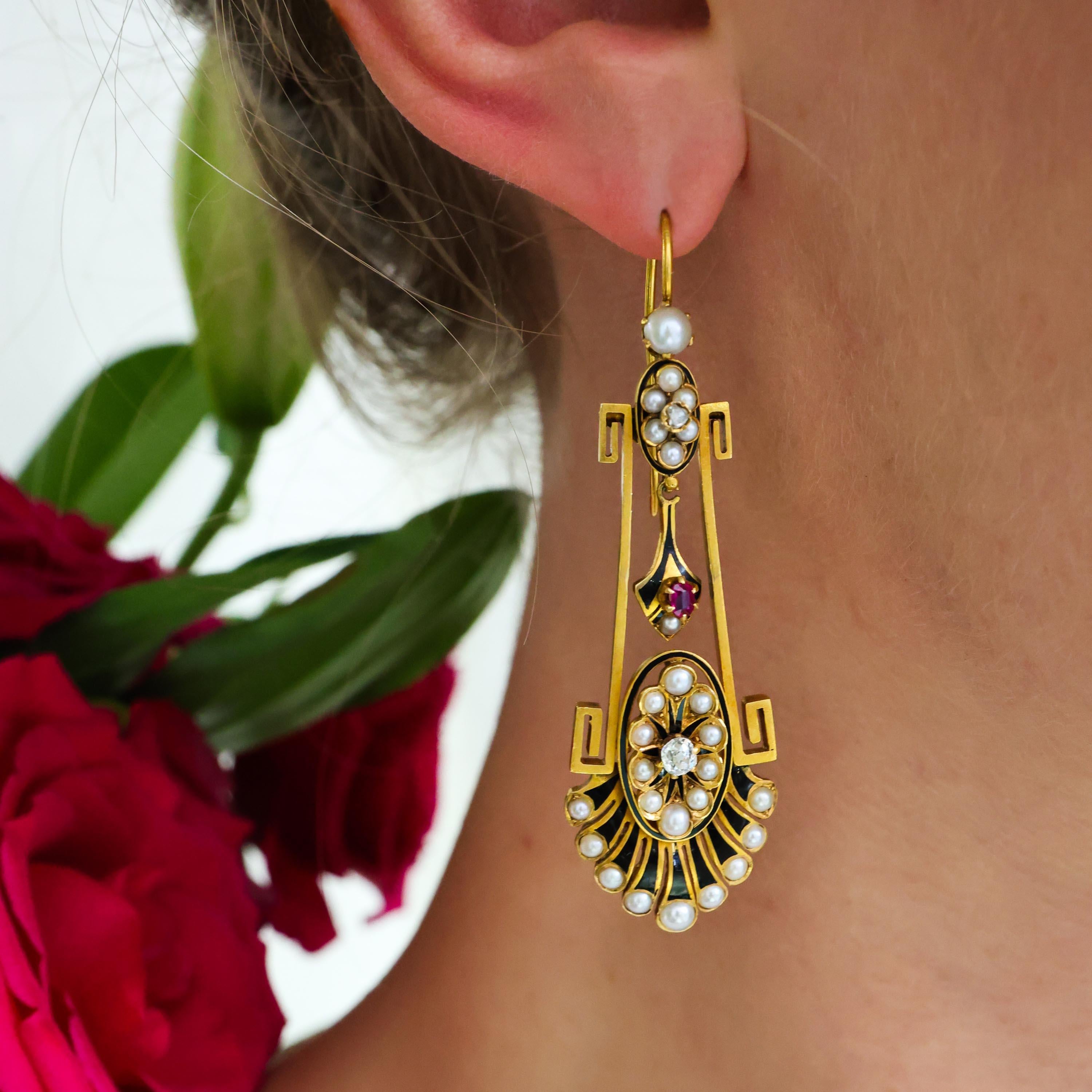 Victorian Aesthetic Movement Gold, Pearl, Diamond, Enamel and Ruby Earrings In Good Condition For Sale In London, GB