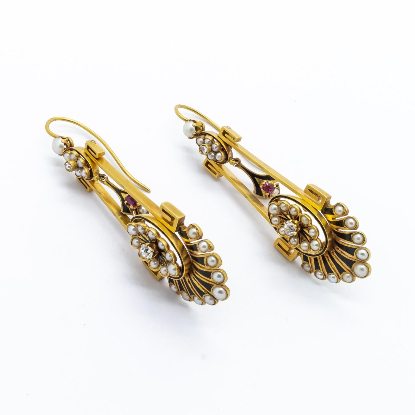 Women's Victorian Aesthetic Movement Gold, Pearl, Diamond, Enamel and Ruby Earrings For Sale