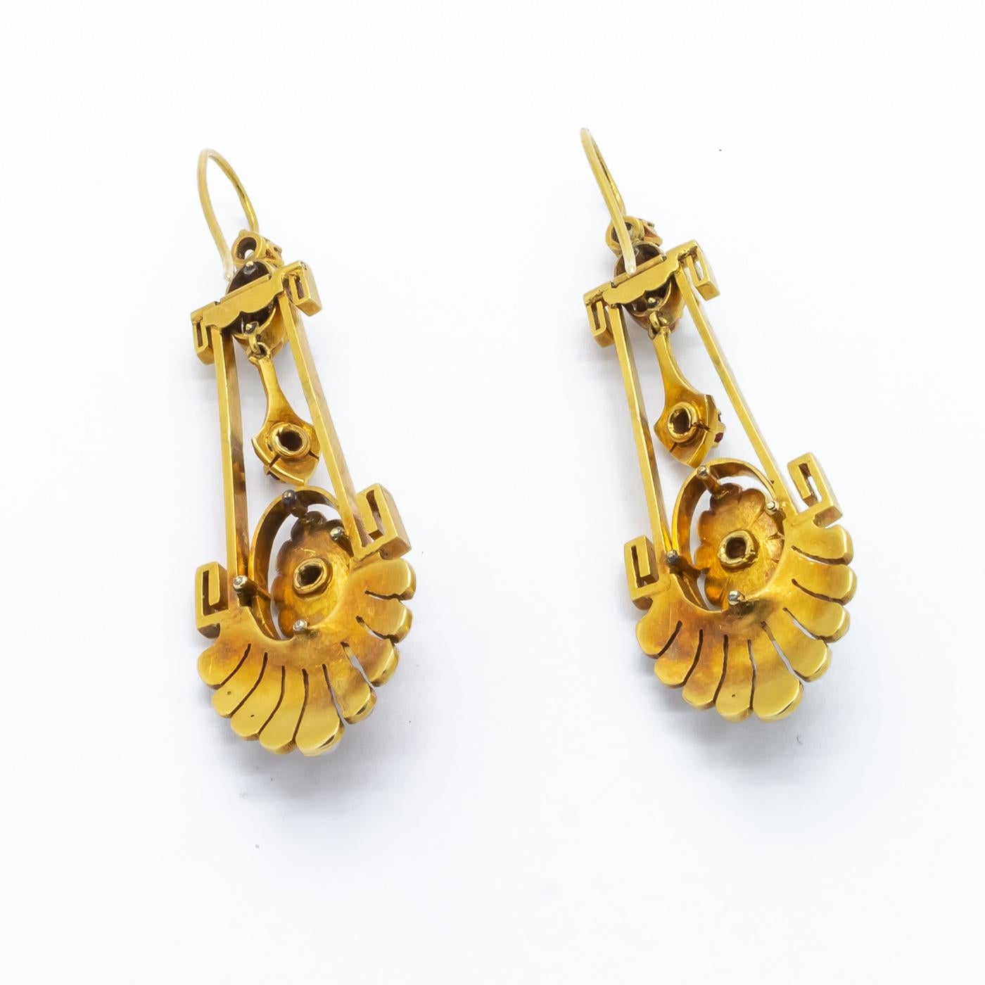 Victorian Aesthetic Movement Gold, Pearl, Diamond, Enamel and Ruby Earrings For Sale 2