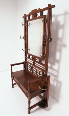 Victorian Aesthetic Movement Mirrored Hall Tree Bench, circa 1870s