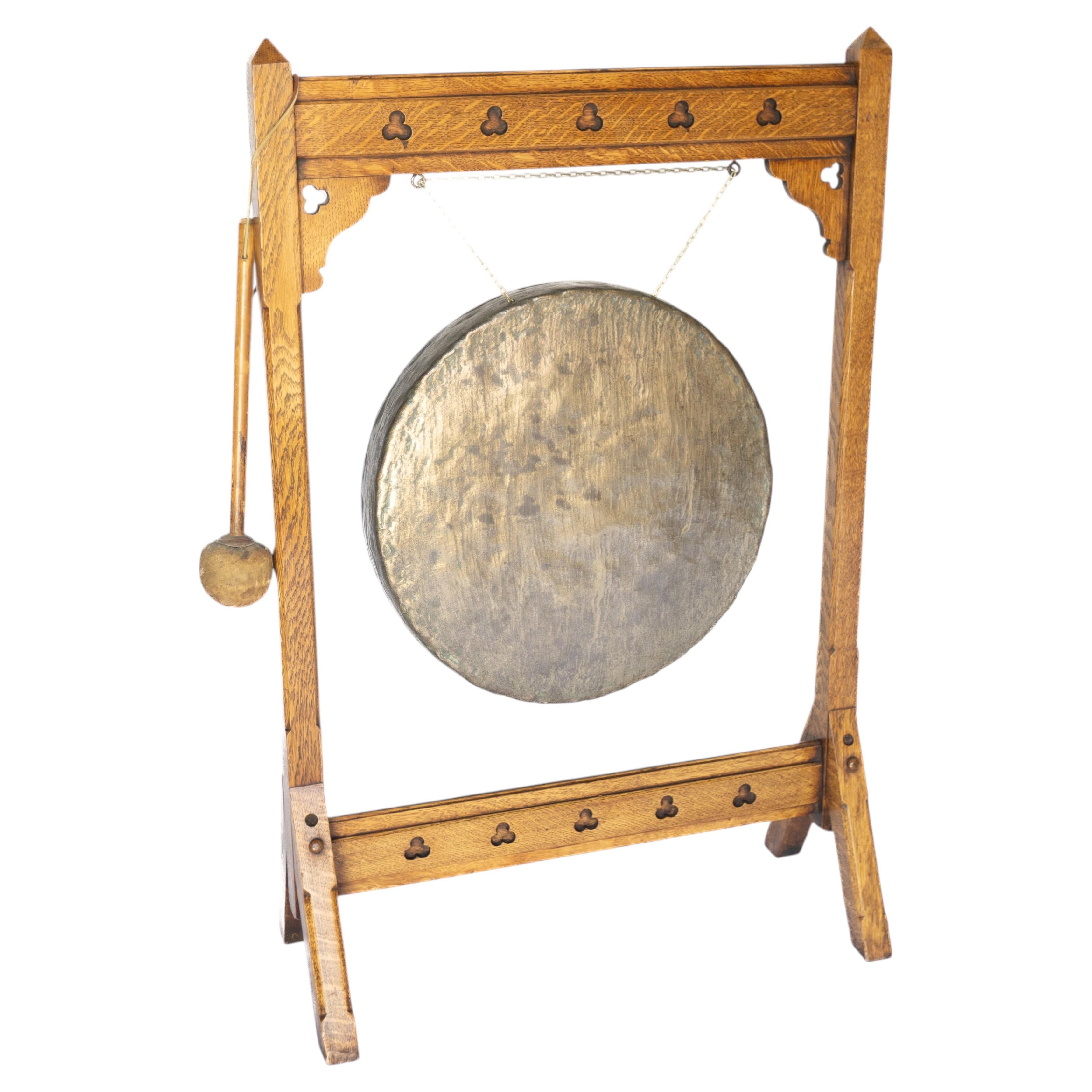 Victorian Aesthetic Movement Oak Gong on stand with beater For Sale