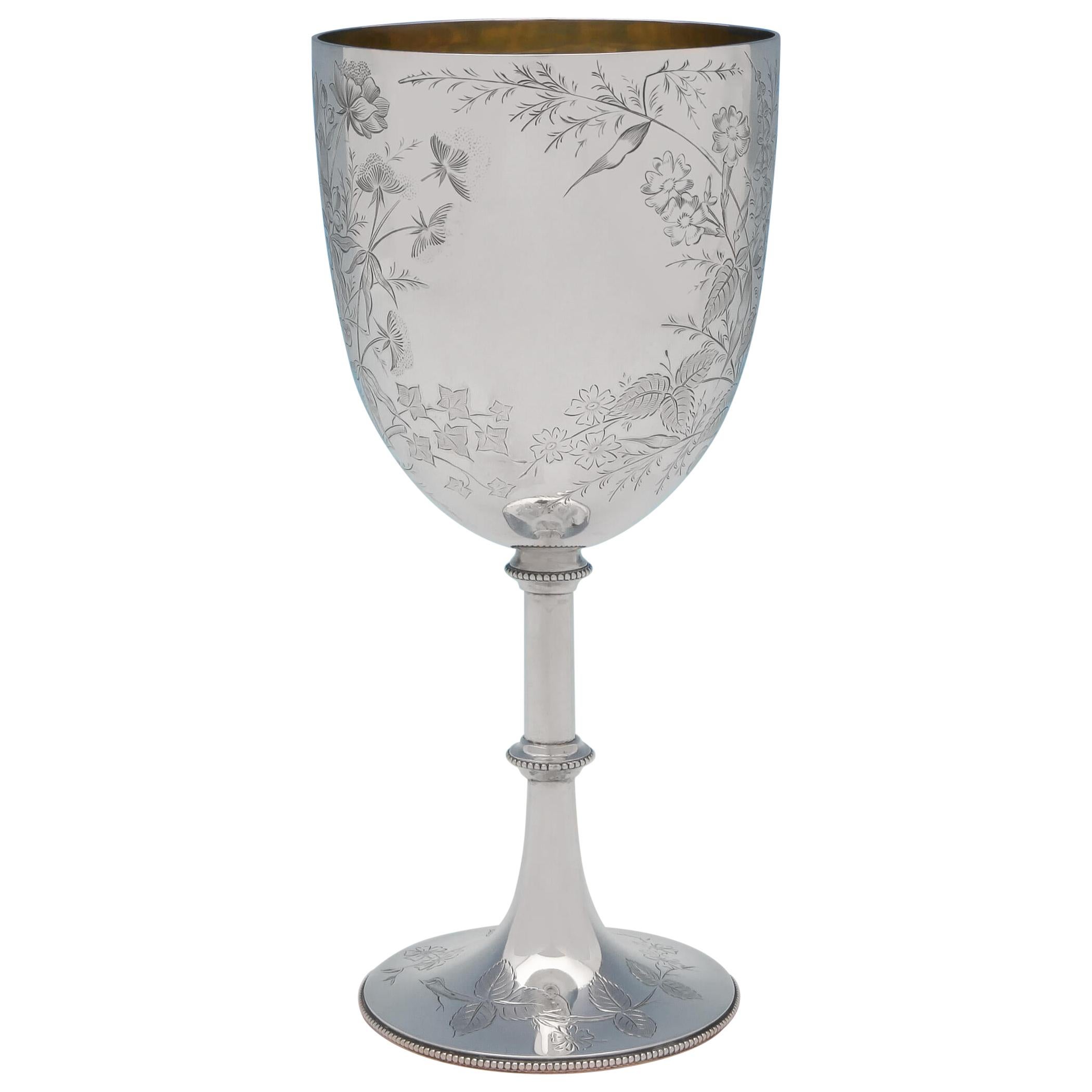 Victorian Aesthetic Period Engraved Sterling Silver Goblet by W. W. Harrison