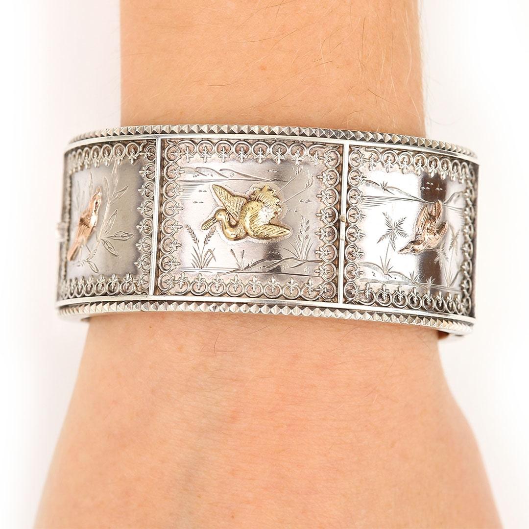 Victorian Aesthetic Silver Cuff Bangle With Birds and Flowers, Circa 1880 10