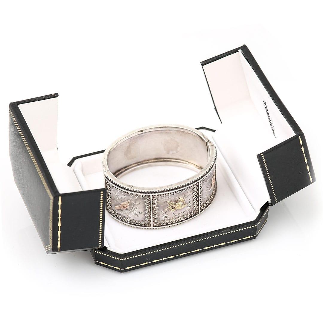 Victorian Aesthetic Silver Cuff Bangle With Birds and Flowers, Circa 1880 11