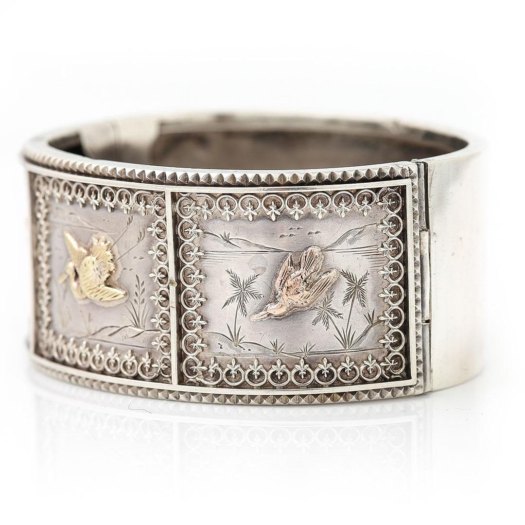 Victorian Aesthetic Silver Cuff Bangle With Birds and Flowers, Circa 1880 In Good Condition In Lancashire, Oldham