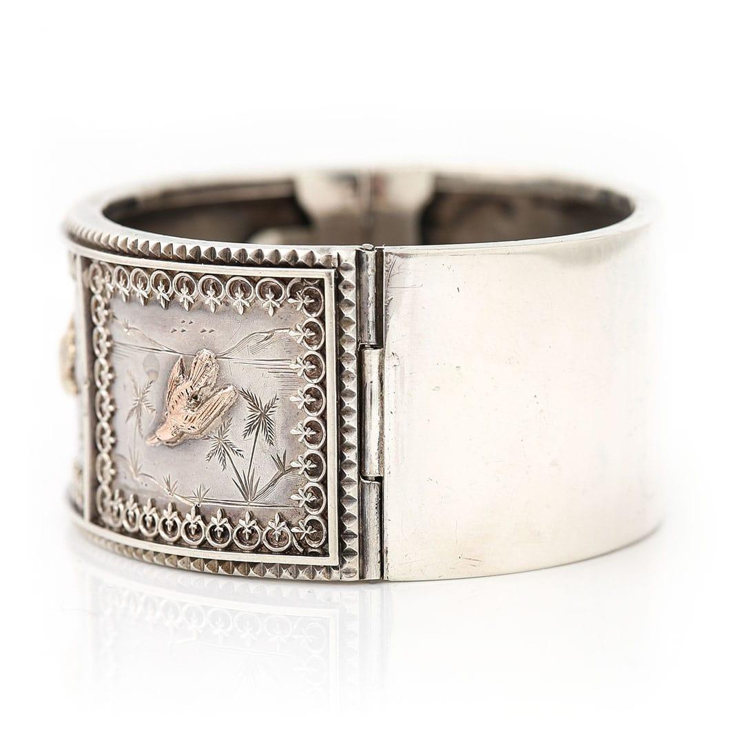 Women's or Men's Victorian Aesthetic Silver Cuff Bangle With Birds and Flowers, Circa 1880