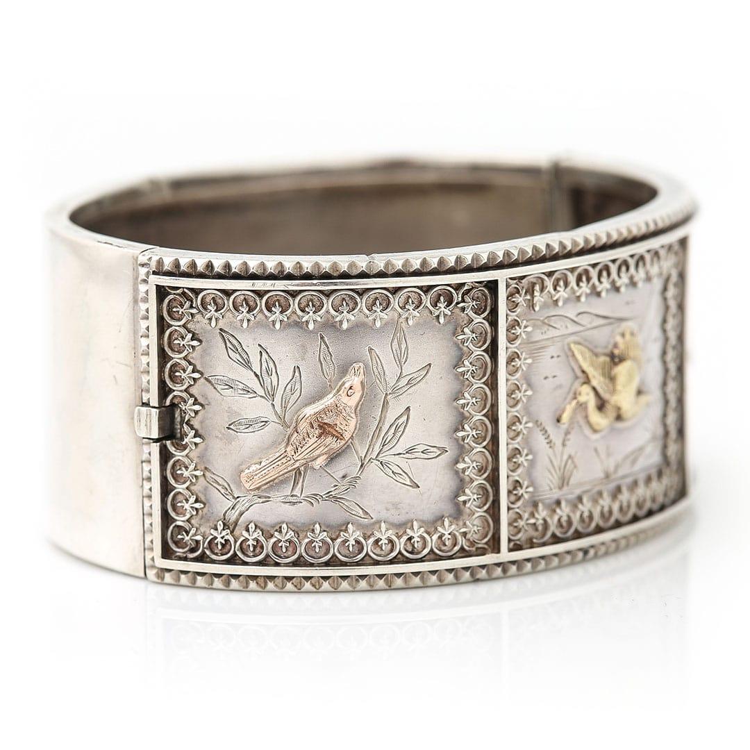 Victorian Aesthetic Silver Cuff Bangle With Birds and Flowers, Circa 1880 1