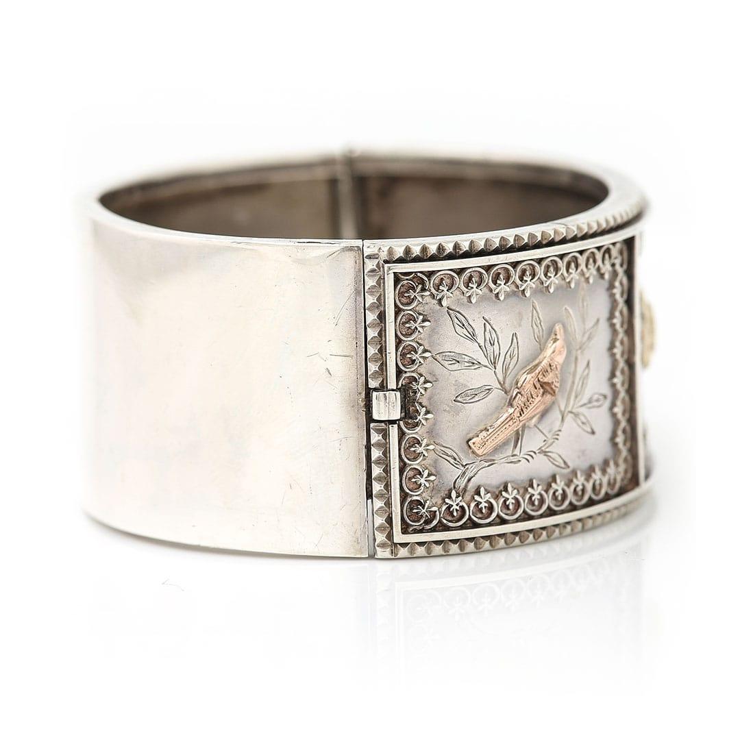 Victorian Aesthetic Silver Cuff Bangle With Birds and Flowers, Circa 1880 2