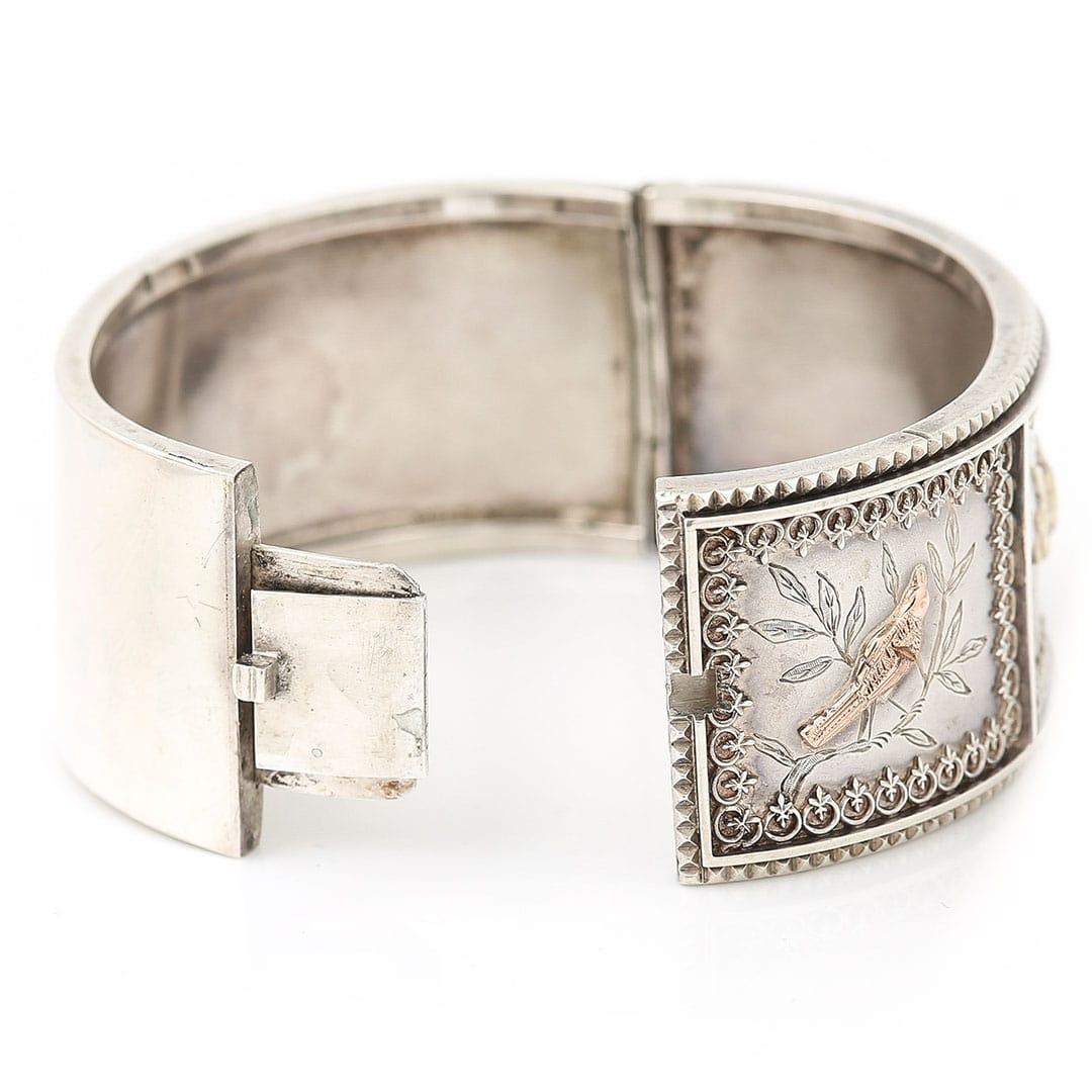 Victorian Aesthetic Silver Cuff Bangle With Birds and Flowers, Circa 1880 5