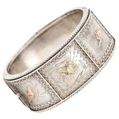 Victorian Aesthetic Silver Cuff Bangle With Birds and Flowers, Circa 1880