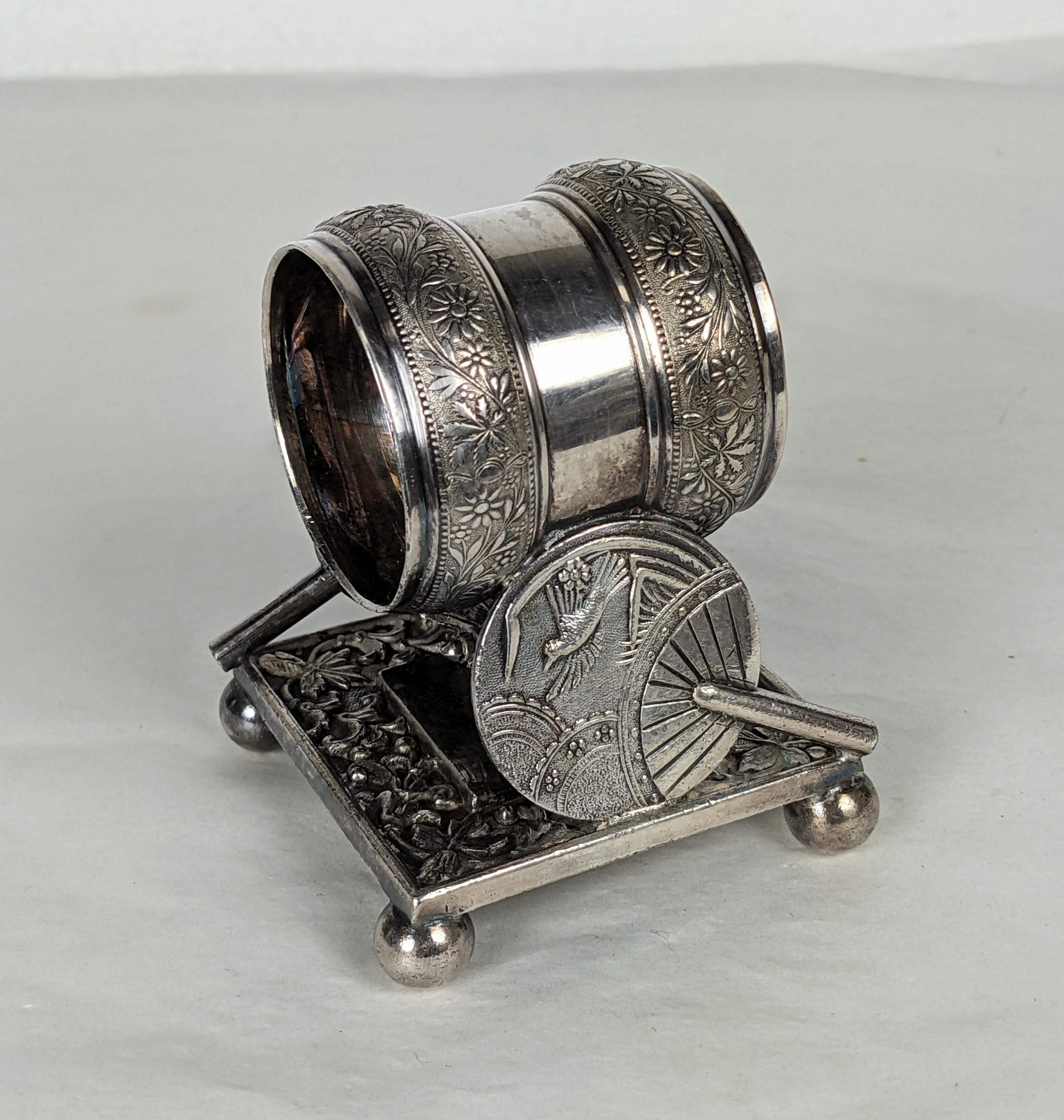 Victorian Aesthetic Silverplate Napkin Ring by Meriden Co. Charming details include Japonesque fan, florals and hidden butterfly under ring. 1870's USA. 